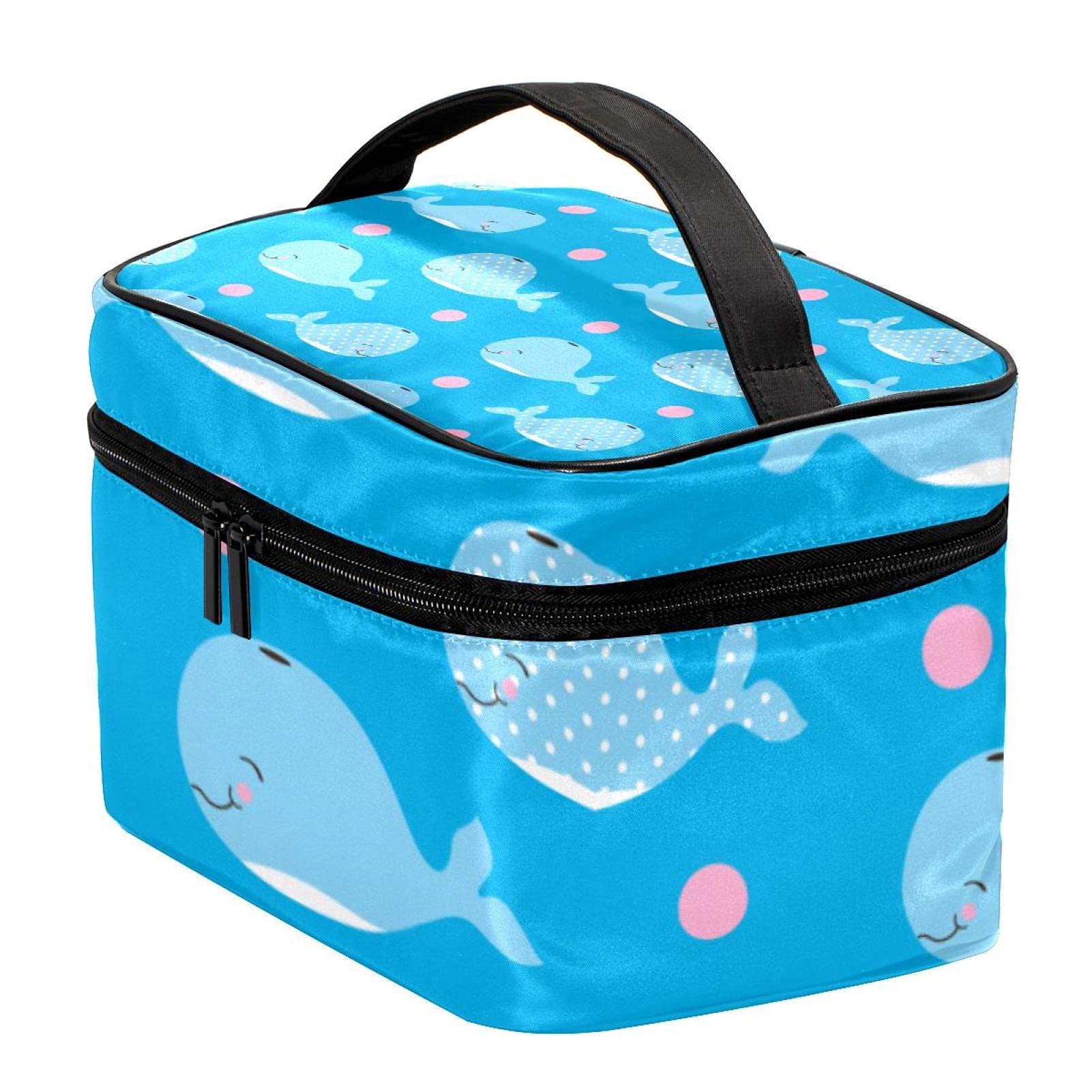Cute Cartoon Dolphin & Pink Polka Dots Large Travel Makeup Bag - Waterproof Cosmetic Organizer with Zipper for Women & Girls - Perfect for Travel, Gym, Beach & Daily Use