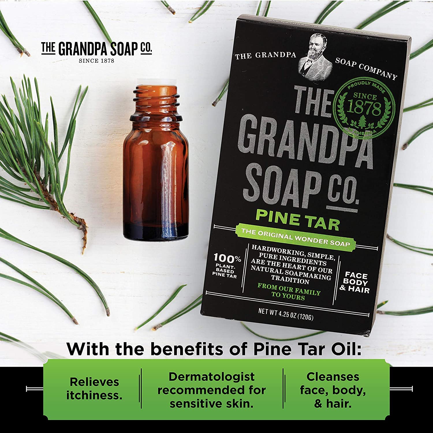Grandpa's Soap Pine Tar Soap 4.25 oz (Pack of 4) - All-Natural Skin Care for Eczema, Psoriasis & Dry Skin Relief - Perfect for Camping, Hiking & Outdoor Activities