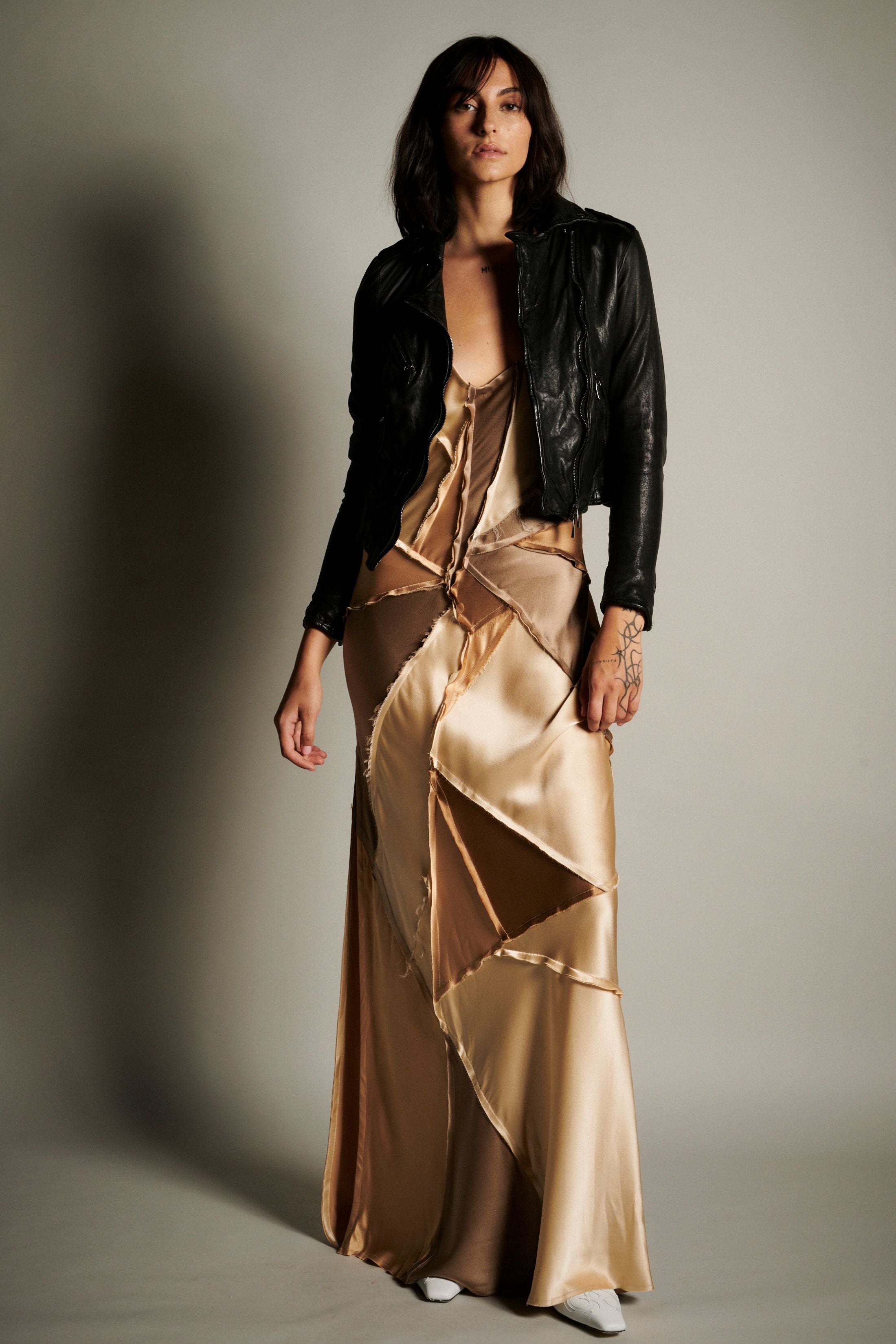 Eco-Friendly Elongated Recycled Dress with High Slit - Neutral Color Combo | Perfect for Casual Outings, Date Nights & Sustainable Fashion