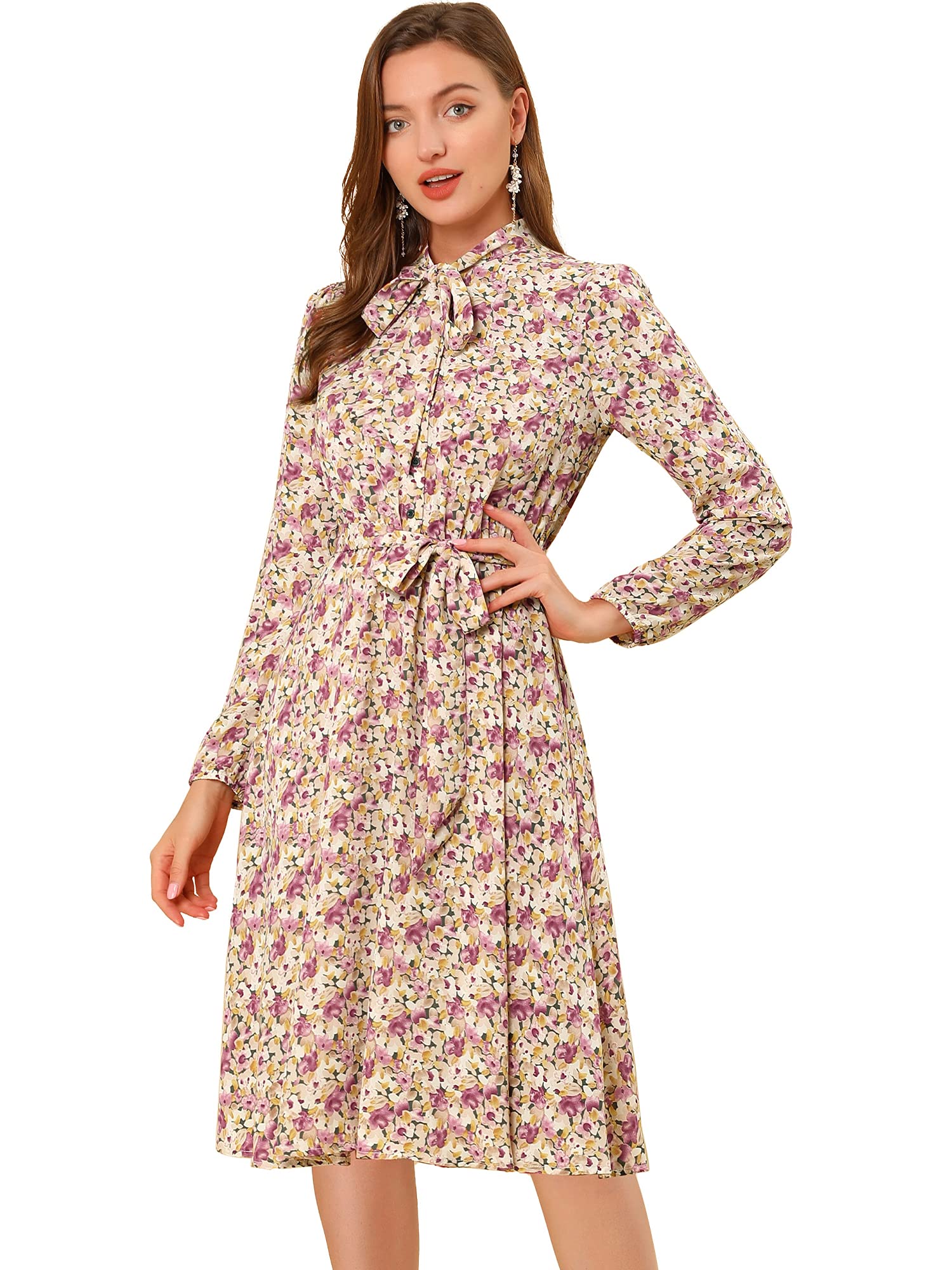 Allegra K Women's Vintage Floral Chiffon Dress with Tie Neck, Long Sleeves & Belt - Elegant Office Wear & Special Occasion Outfit