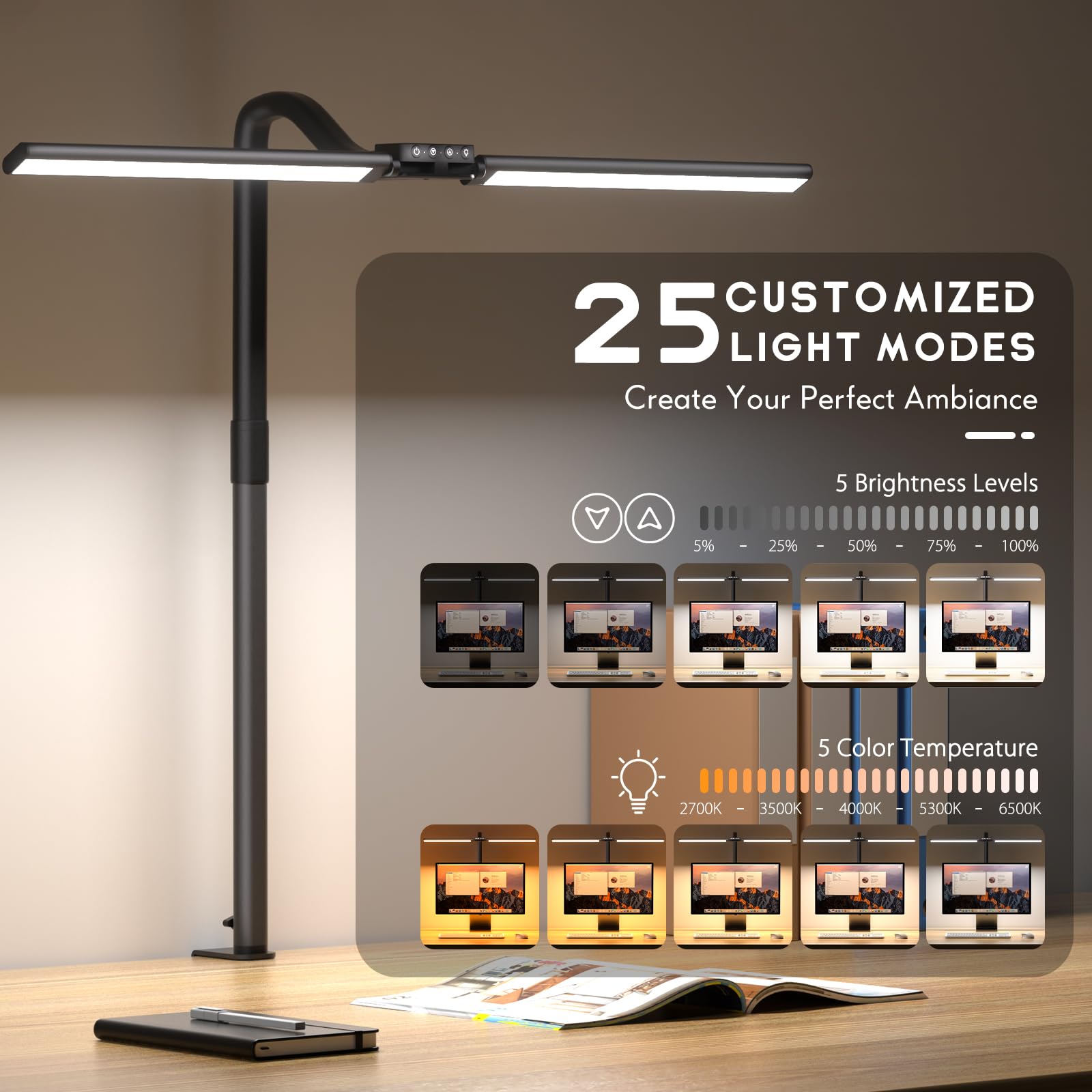 Quntis 32-inch Double LED Desk Lamp with Clamp - 24W Dimmable Touch Control Office Light, Flexible Swan Neck for Reading, Studying, and Architectural Work - Perfect for Home Office, Study Room, and Workspace