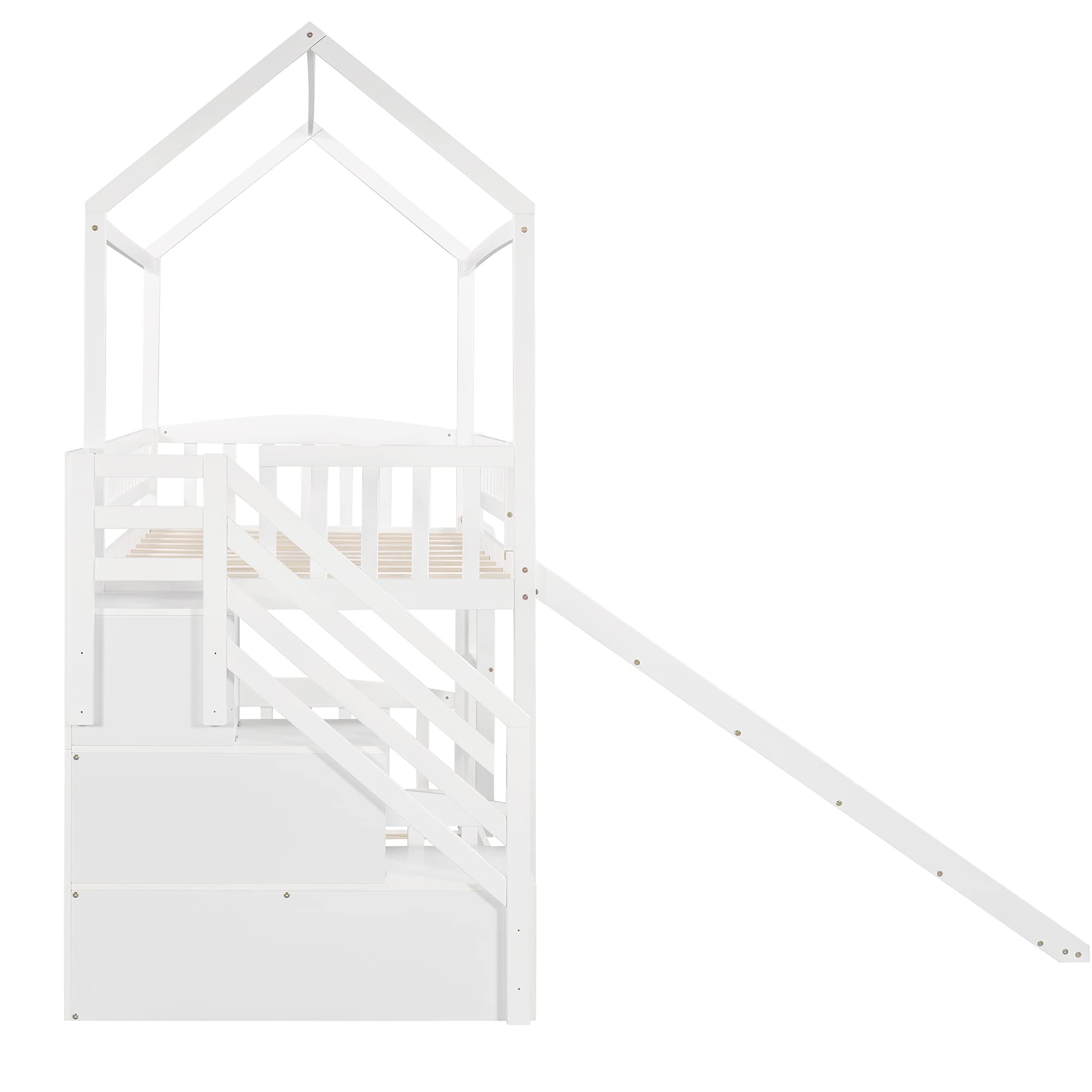 Twin Over Twin Wooden House Bunk Bed with Slide, 2 Drawers, Roof & Guardrails - Kids/Teens House-Shaped Bed, No Box Spring Needed (White) - Perfect for Small Bedrooms, Shared Kids Rooms & Vacation Homes