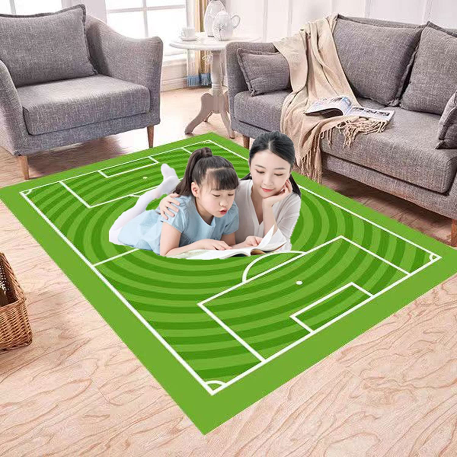 5x8 Kids Soccer Football Field Rug - Non-Slip Playmat for Boys & Girls Bedroom, Sports Room & Living Room - Green Sports Themed Area Carpet for Children's Play Area & Game Room Decor