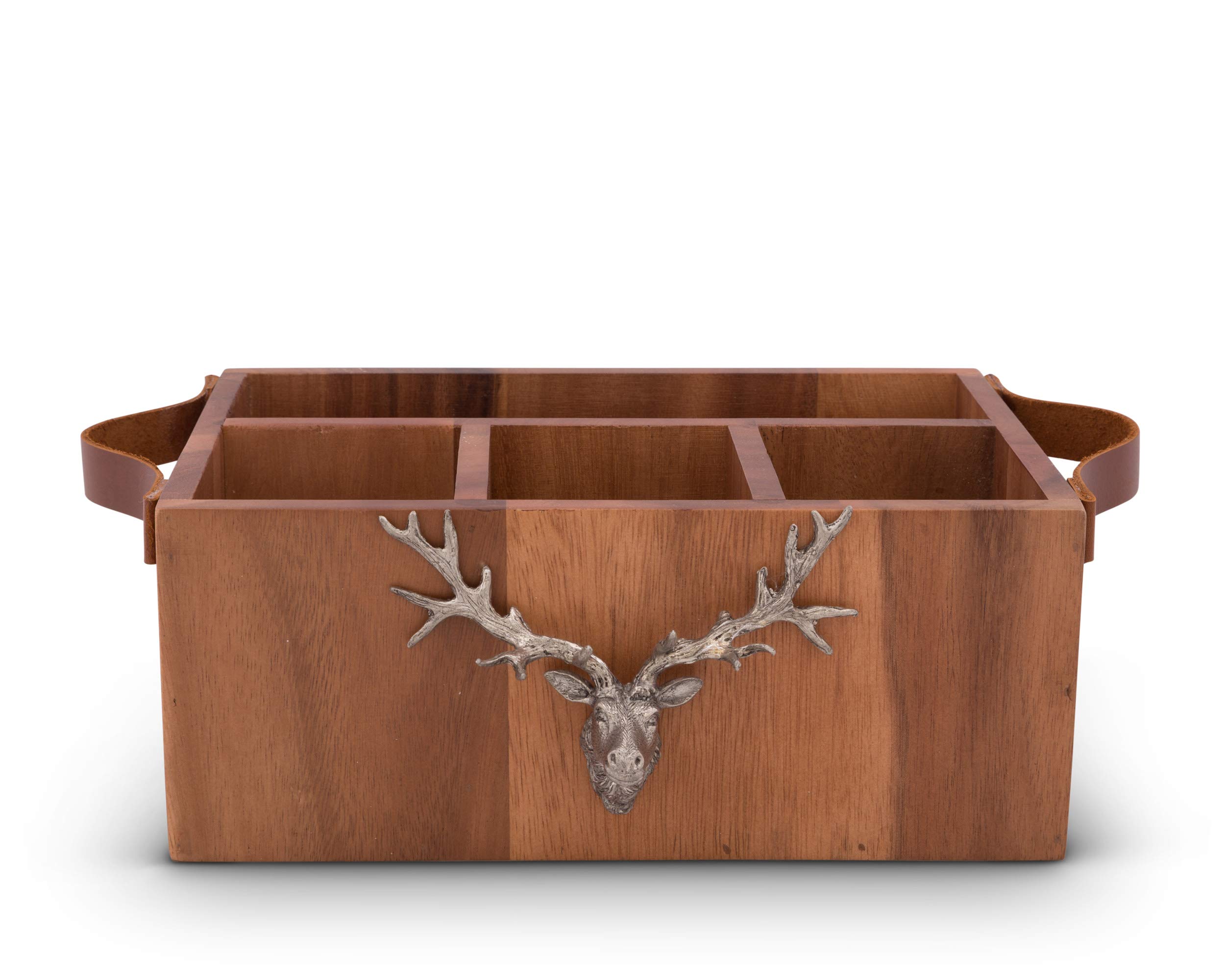 Vagabond House Acacia Wood Flatware Holder with Pewter Elk Accent & Leather Handles - 13