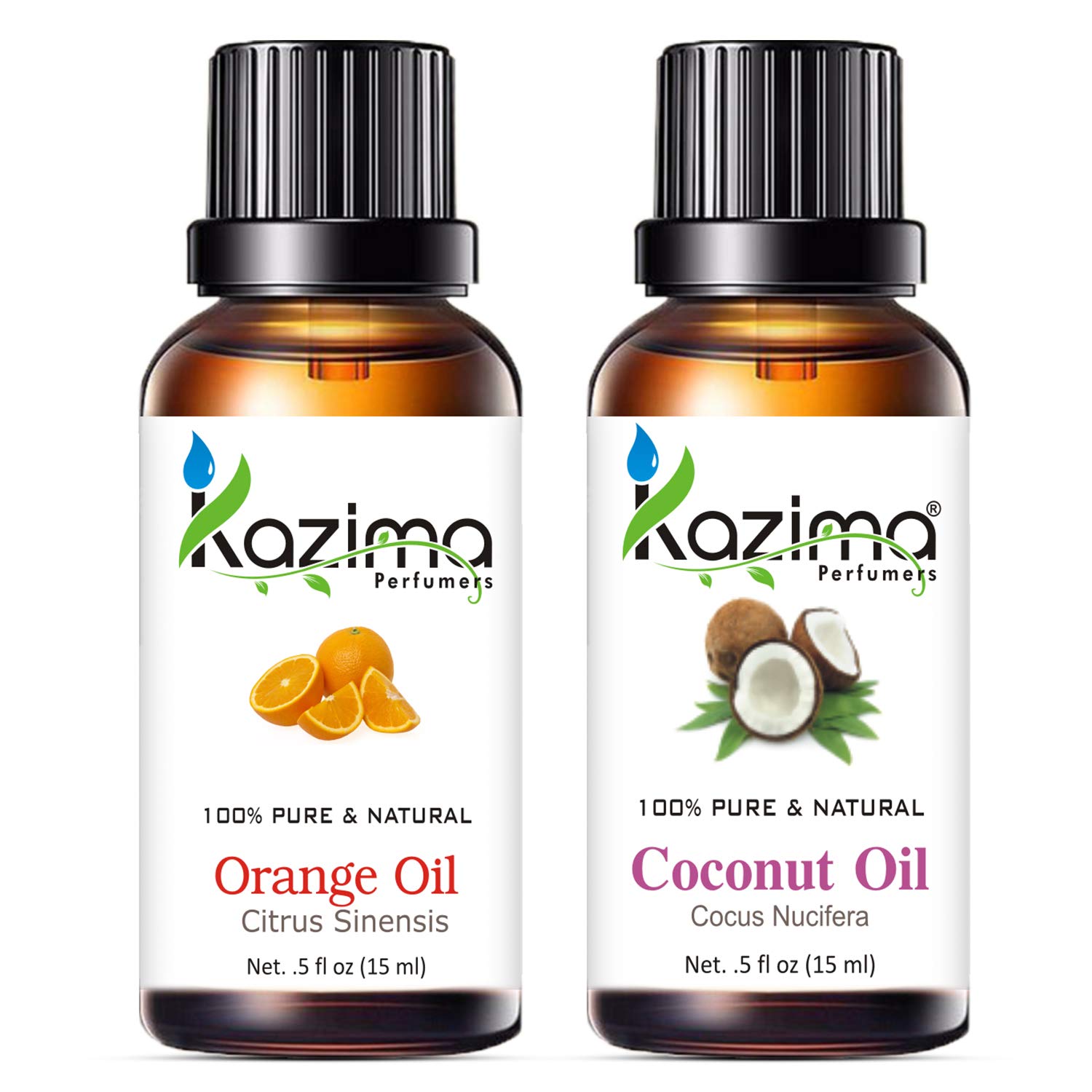 KAZIMA Orange Essential Oil & Coconut Carrier Oil Set - 100% Pure Natural for Skin Brightening, Hair Growth, Dandruff Treatment - 15ml Each - Perfect for Aromatherapy, Massage & DIY Beauty Products