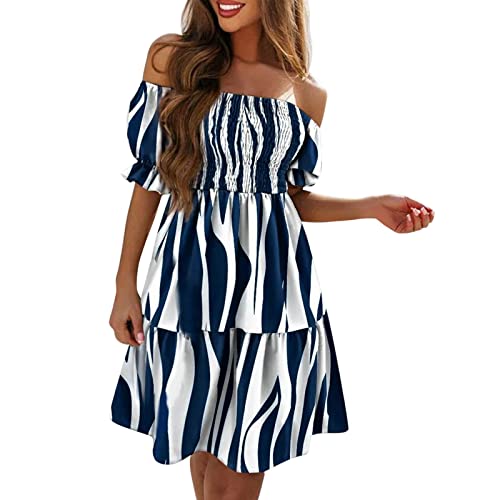 Women's Summer Maxi Dress - Flowy Off Shoulder Short Sleeve Sun Dress with Ruffle Smocked Elastic Waist (Blue, Medium) | Beach Vacation, Outdoor Party, Casual Wear