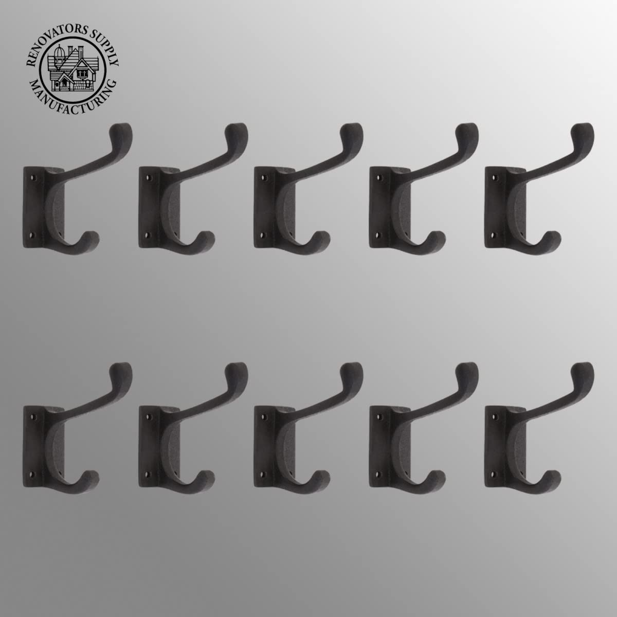 Black Wrought Iron Double Coat Hooks - 4 Inch Rustic Wall Mounted Robe Hooks for Entryway, Hat & Jacket Hanger - Includes Complete Mounting Hardware (Pack of 10) - Perfect for Home, Office, Closet & Bathroom Organization