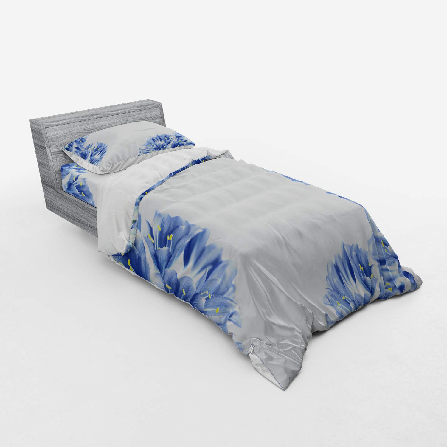 Ambesonne Floral Bedding Set - 3 Piece Duvet Cover with Sham & Fitted Sheet, Twin Size, Violet Blue Pale Green White, Fresh Delicate Crocus Petals Border Spring Garden Design | Perfect for Spring Bedroom Decor, Guest Room & Cozy Home Styling