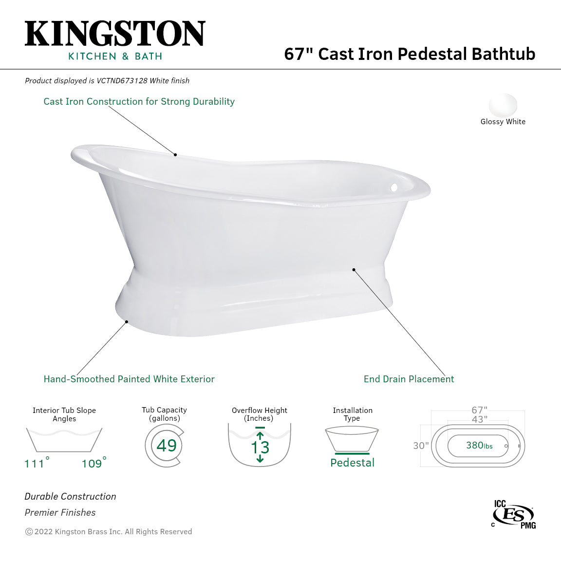 Aqua Eden 67 Inch White Cast Iron Oval Single Slipper Pedestal Bathtub - No Faucet Drillings - Freestanding Soaking Tub for Luxury Bathroom & Spa Relaxation