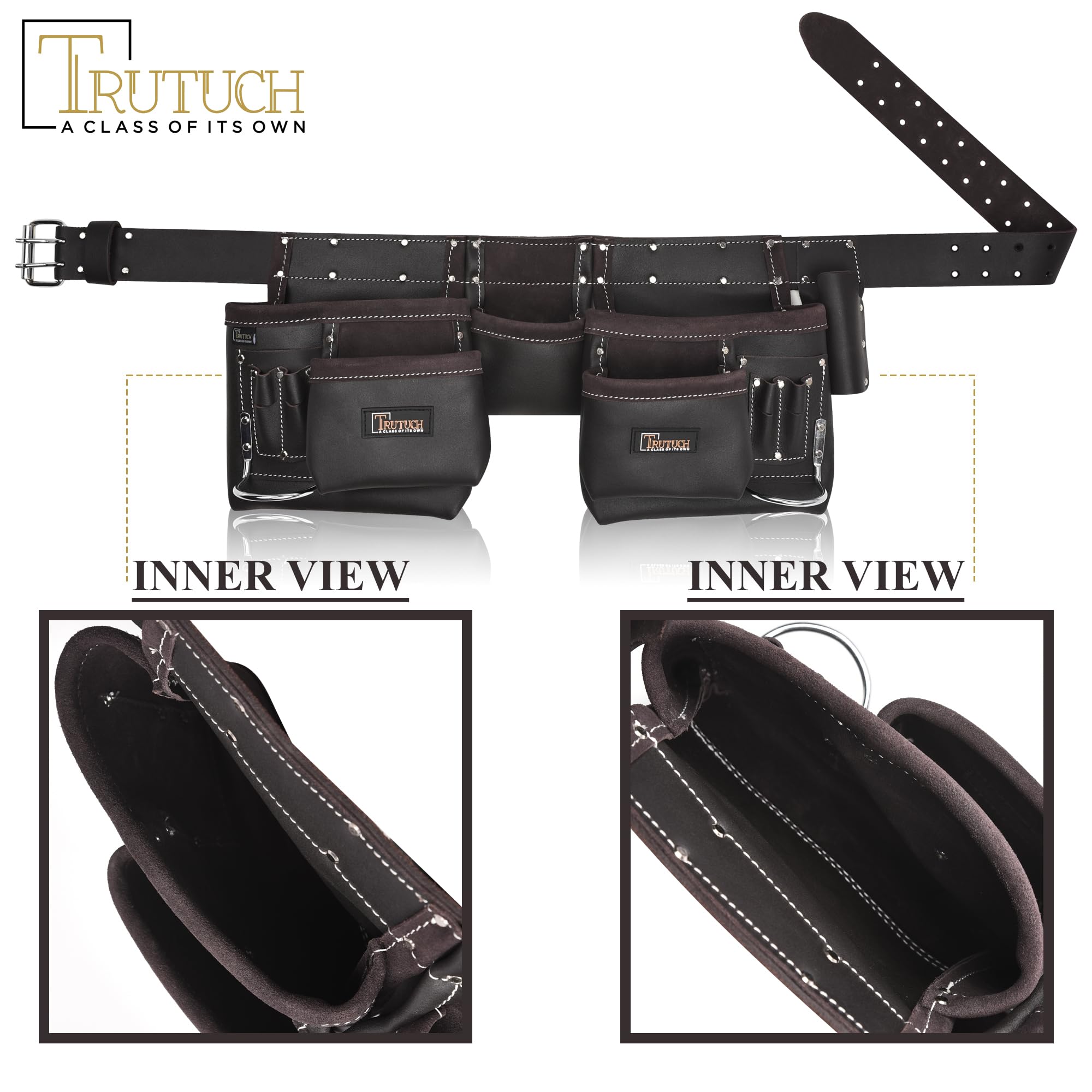 Premium Chocolate Brown Leather Tool Belt for Men - 11-Pocket Carpenter Tool Bag with Durable Tool Pouch | Ideal for Handyman, Construction, Framing, Electricians & Drywall Work | Heavy-Duty Work Belt for Professionals & DIY Projects