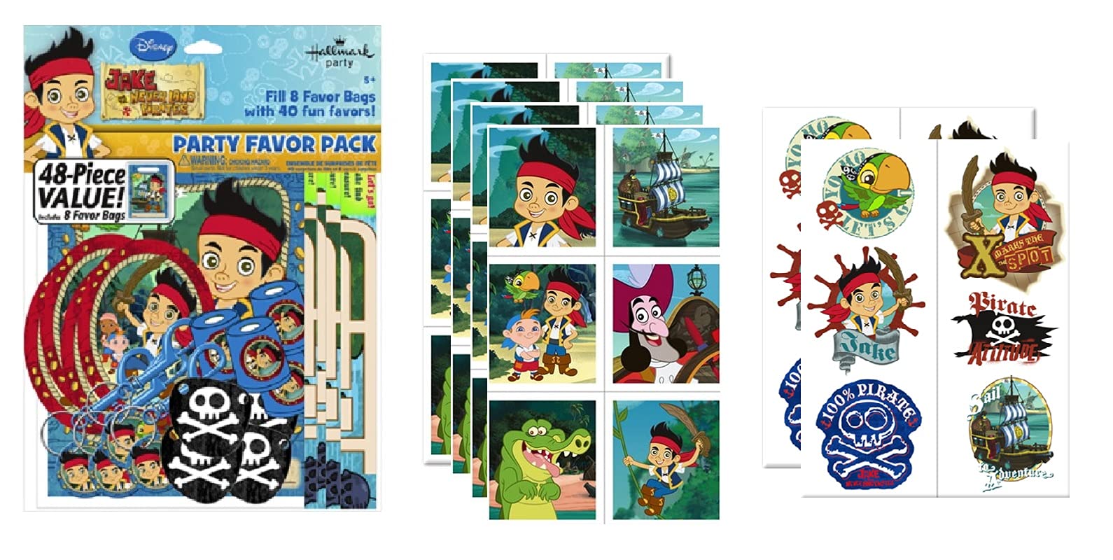 Jake and The Neverland Pirates Birthday Party Supplies Favor Bundle Set - 8 Loot Bags, 40 Piece Favor Pack, 24 Stickers, 12 Tattoos - Perfect for Kids Birthday Party Decorations and Pirate Themed Events