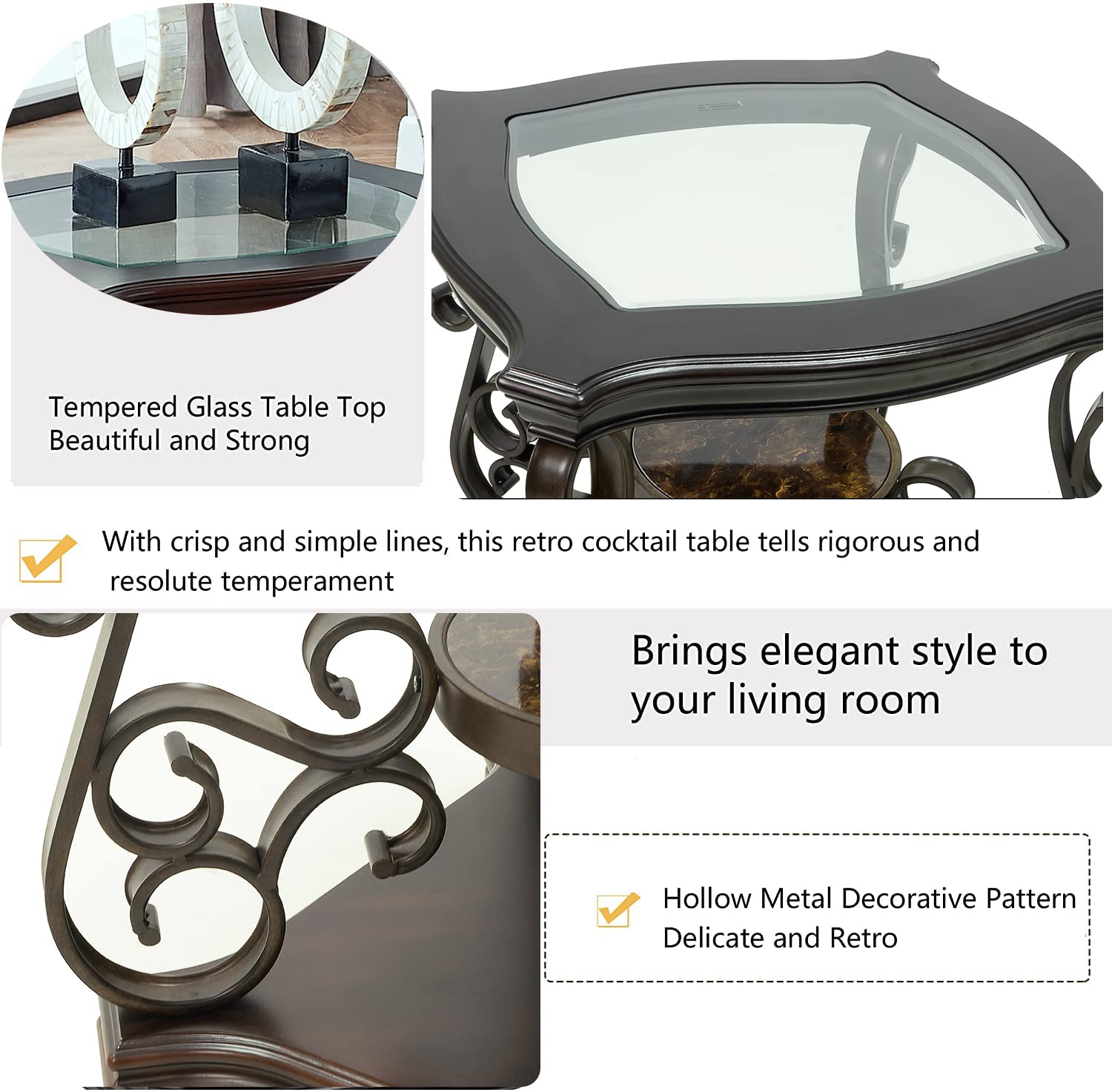 2-Tier Oval End Table with Glass Top & Metal Legs - Traditional Side Table with Shelf & Powder Coat Finish for Living Room, Office - Dark Brown | Perfect for Sofa, Bedside & Small Spaces