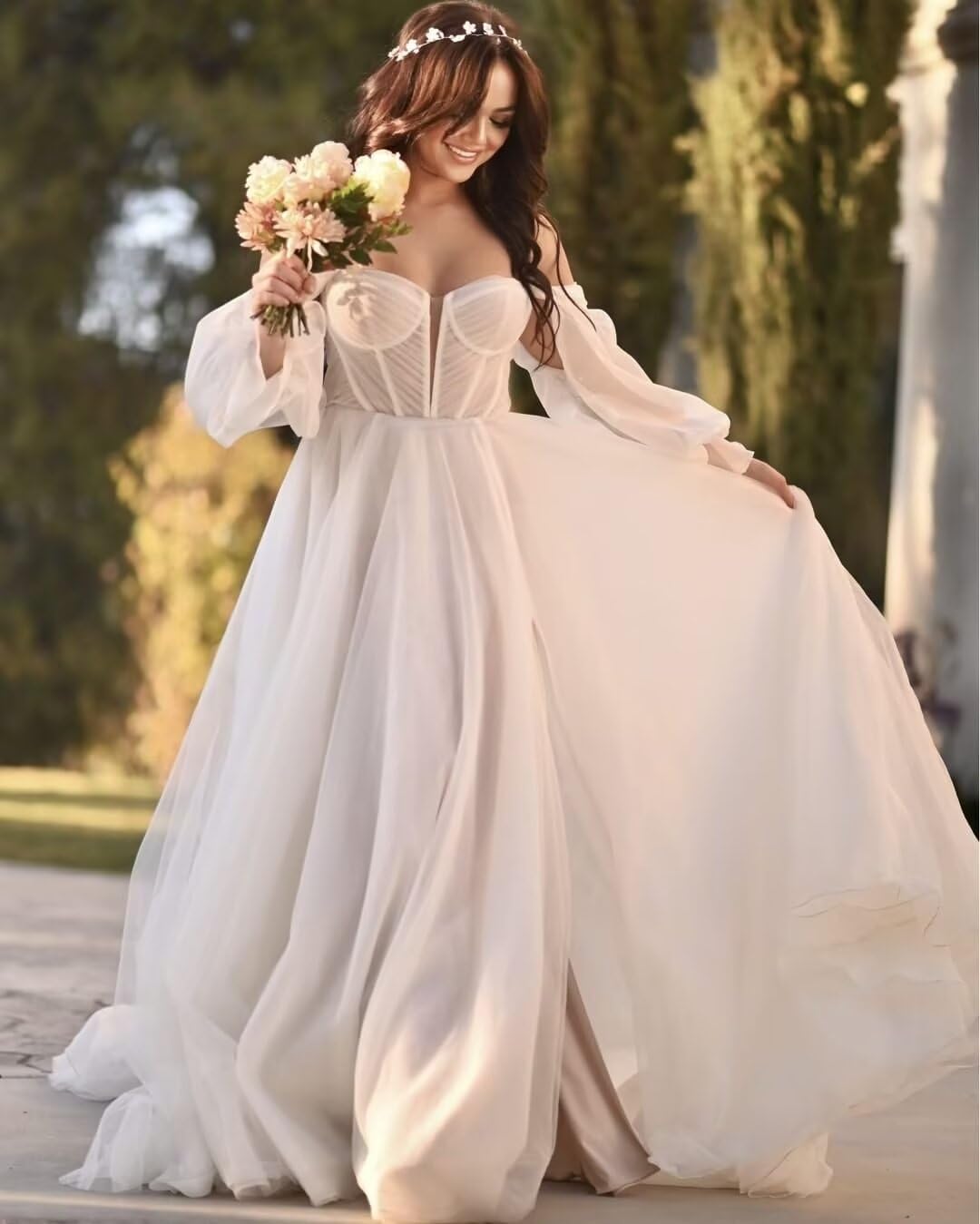 Elegant Detachable Sleeves Wedding Dress for Bride - Long Sweetheart Prom Gown with Tulle Skirt & Thigh High Slit | Perfect for Beach Weddings, Formal Events & Special Occasions