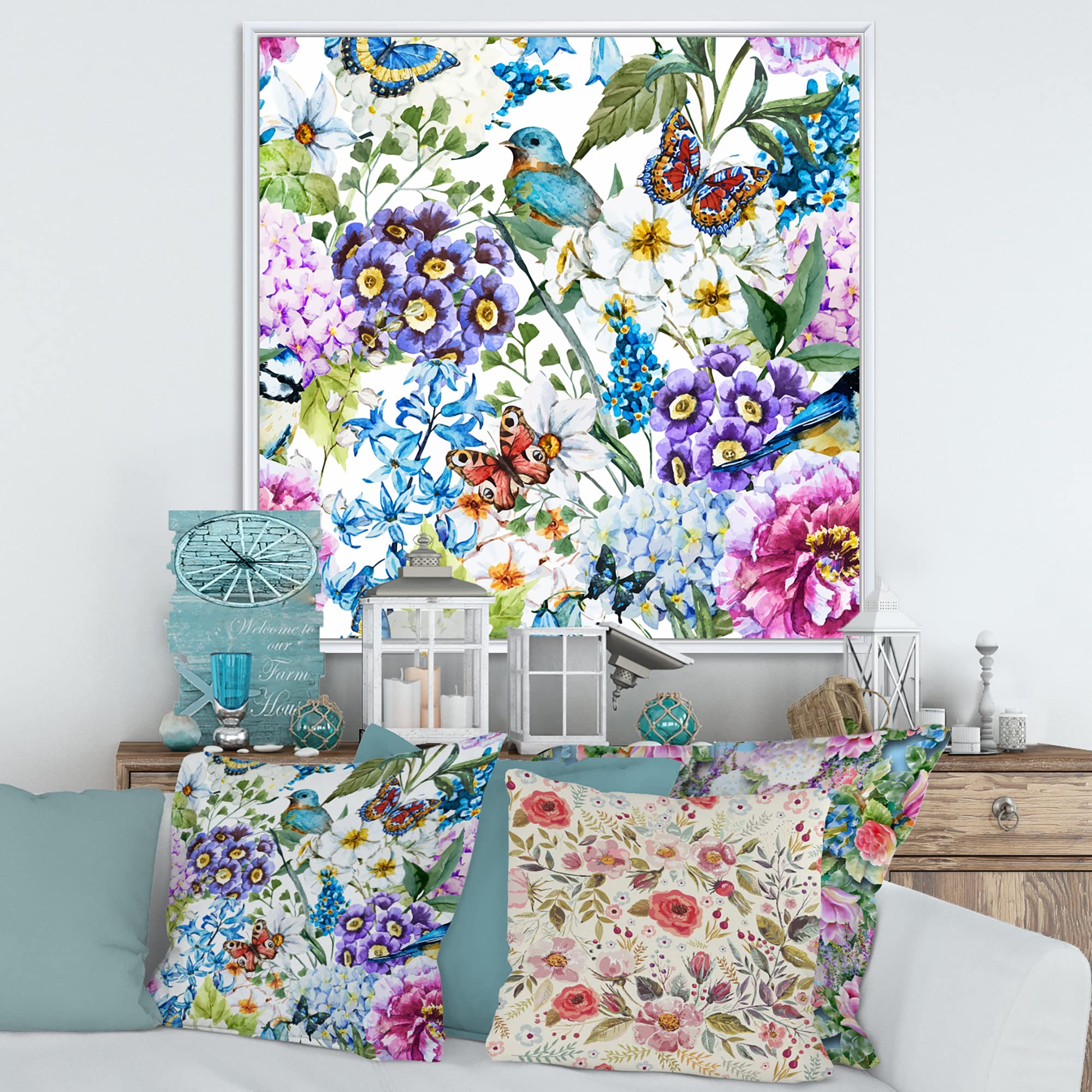 DesignQ Vibrant Wild Spring Leaves & Wildflowers XII - Modern Framed Canvas Wall Art Print - Perfect for Living Room, Bedroom & Office Decor