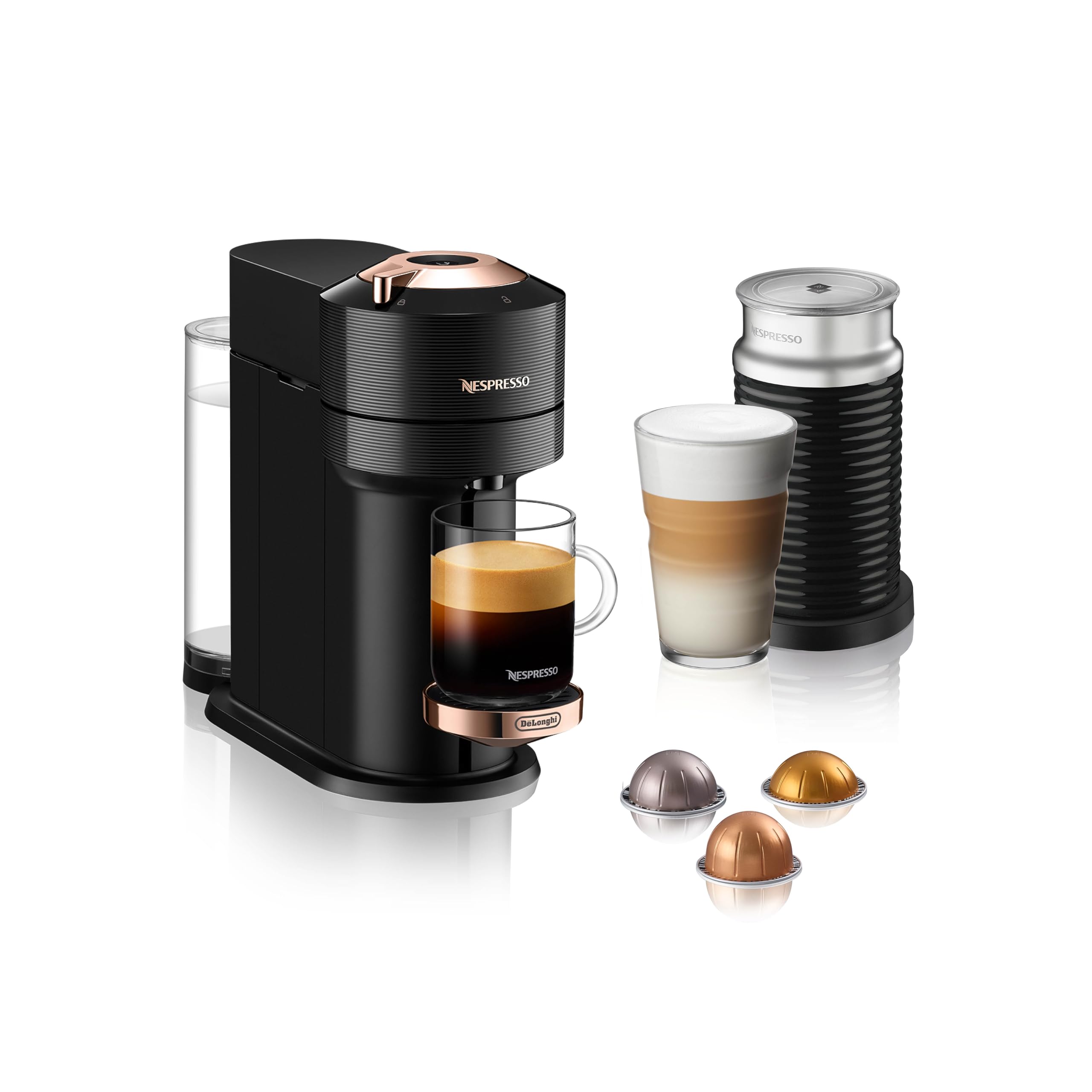 De'Longhi Nespresso Vertuo Next Coffee & Espresso Machine with Aeroccino Frother - Black & Rose Gold | Perfect for Home Brewing, Office Use & Gift Giving