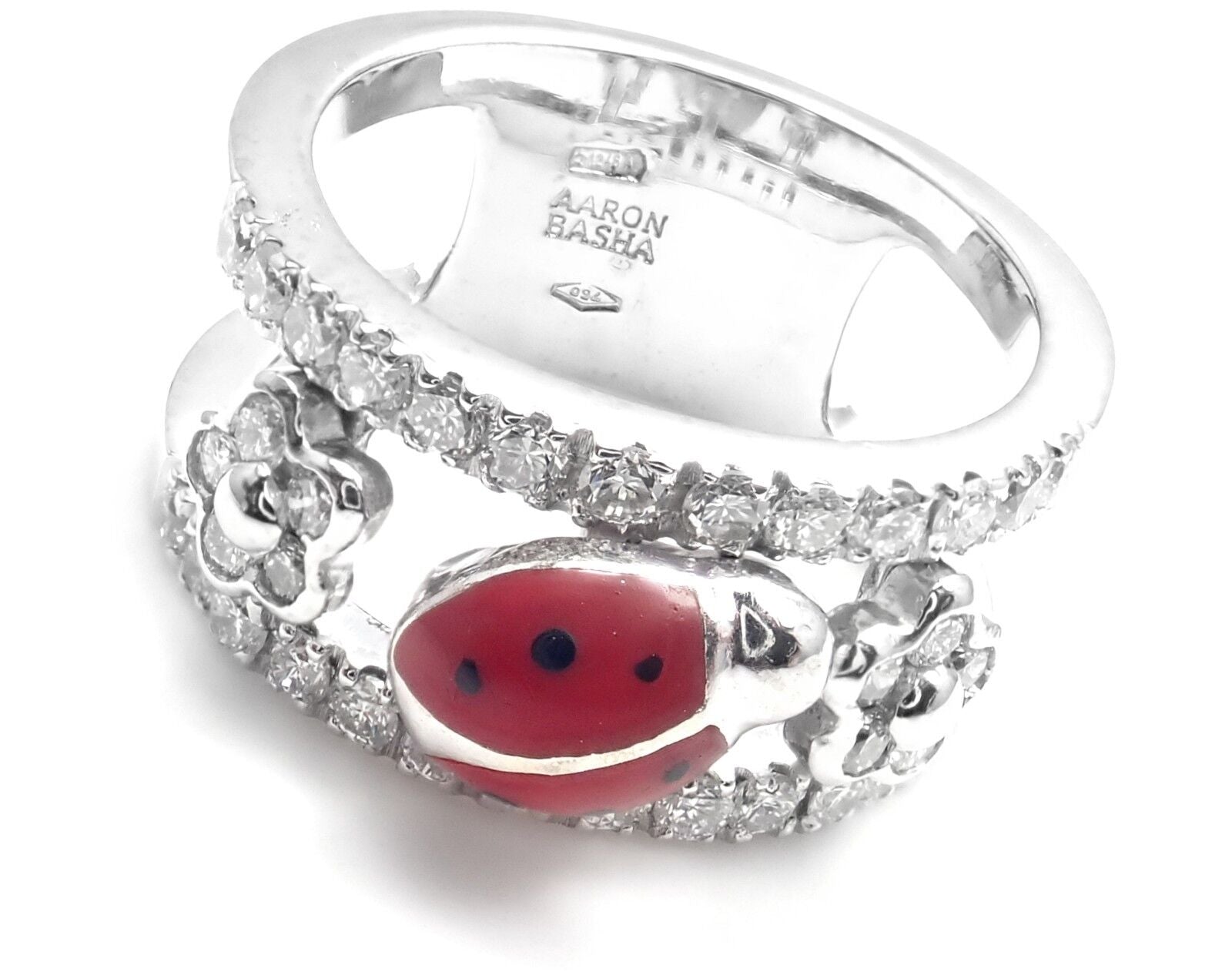 Authentic Aaron Basha 18k White Gold Diamond Red Enamel Ladybug Band Ring - Perfect for Valentine's Day Gifts, Anniversary Presents & Everyday Luxury Jewelry