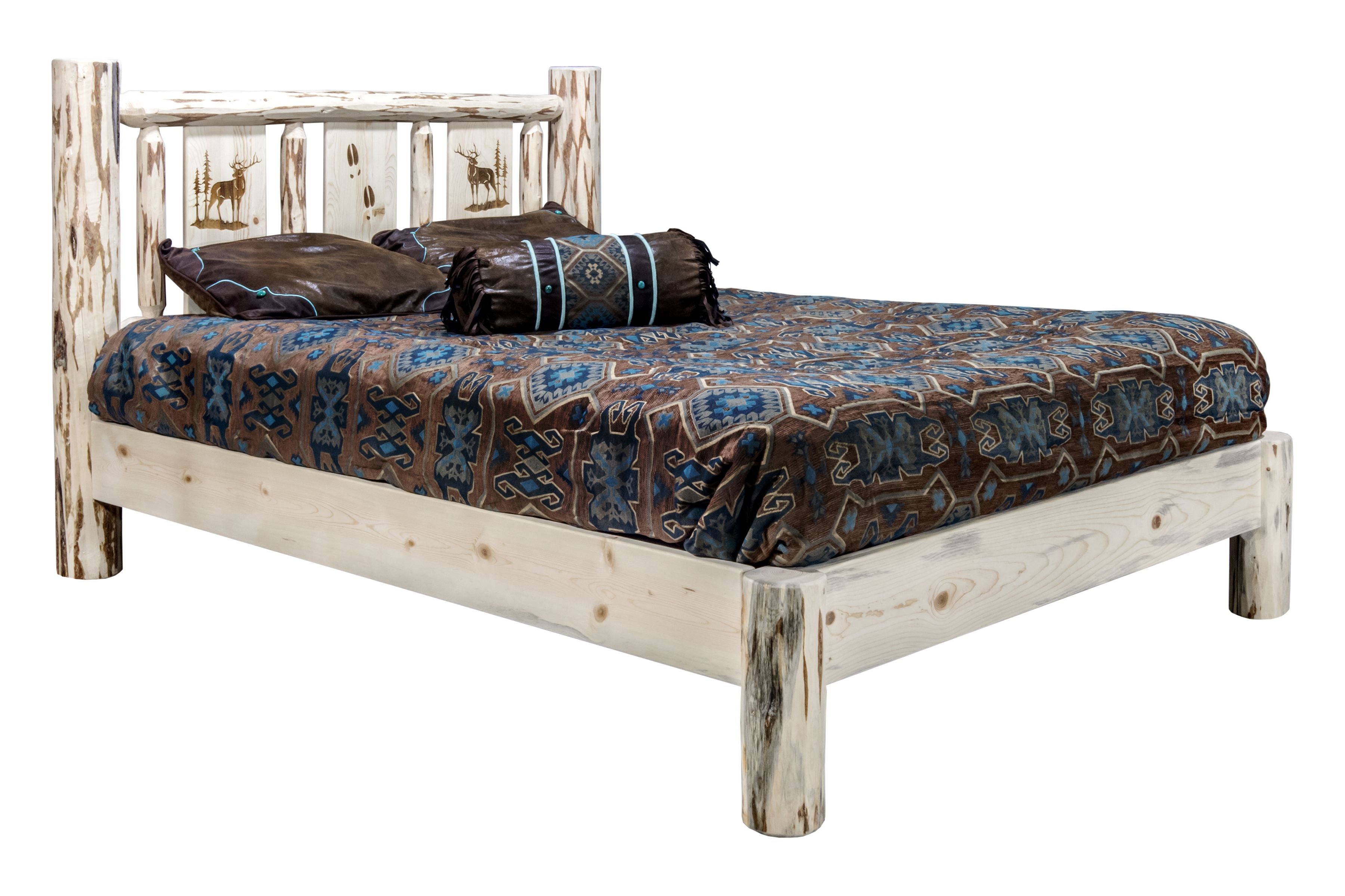Montana Platform Bed with Laser Engraved Design - Solid Wood Frame & Clear Lacquer Finish - Modern Minimalist Bedroom Furniture for Small Spaces & Loft Apartments
