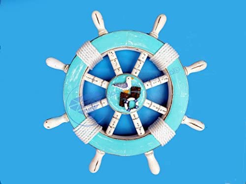 Nagina International Rustic Navy Blue Maritime Ship Wheel with Sea Shells - 30 Inch Pirate Themed Wall Decor for Nautical Home, Beach House, or Bar - Perfect as Unique Gift for Sailors and Sea Lovers