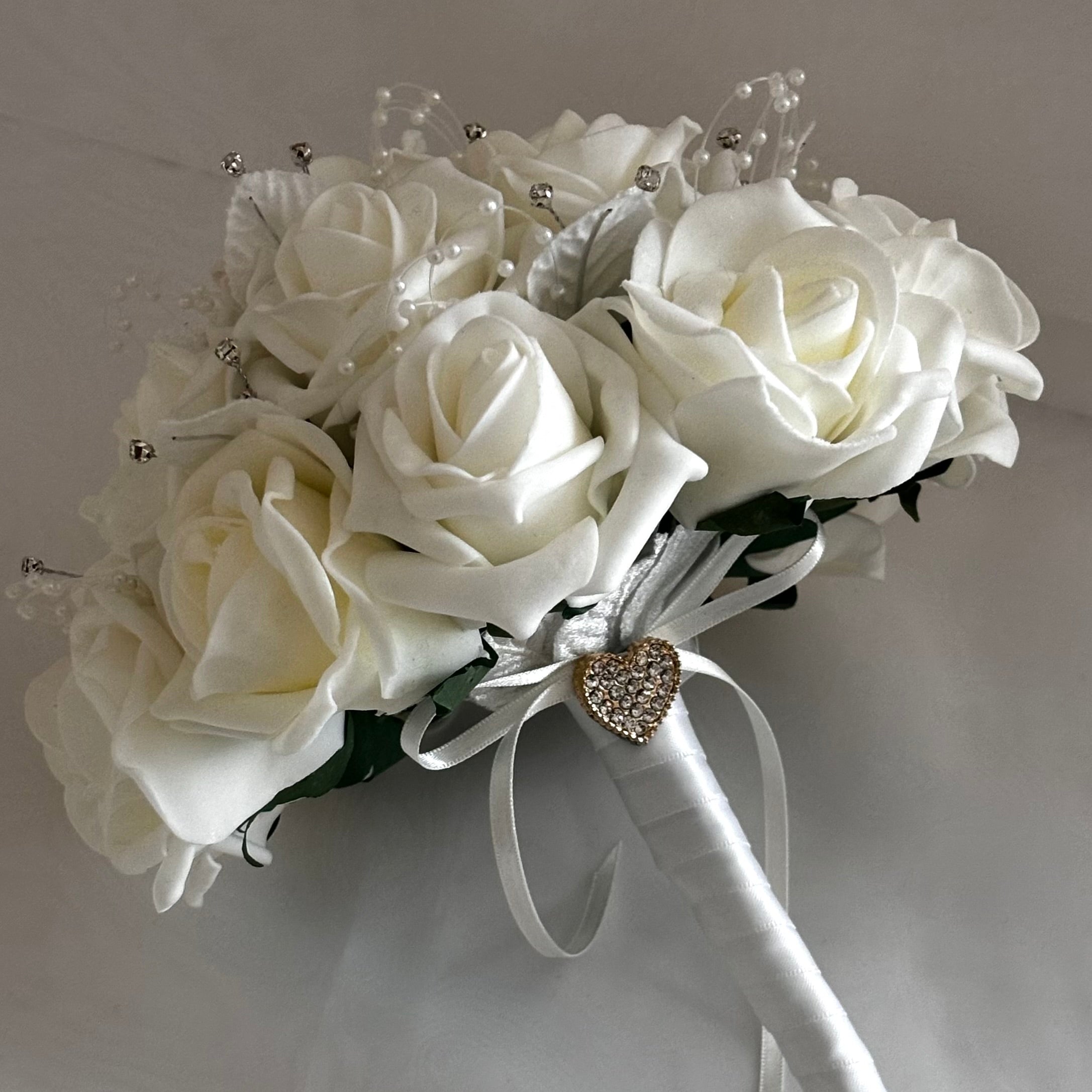 Elegant Artificial Wedding Bouquet with Ivory Roses, Diamantés & Pearls – Bridal Bouquet FL60 for Bridal Showers, Wedding Decor & Photo Props