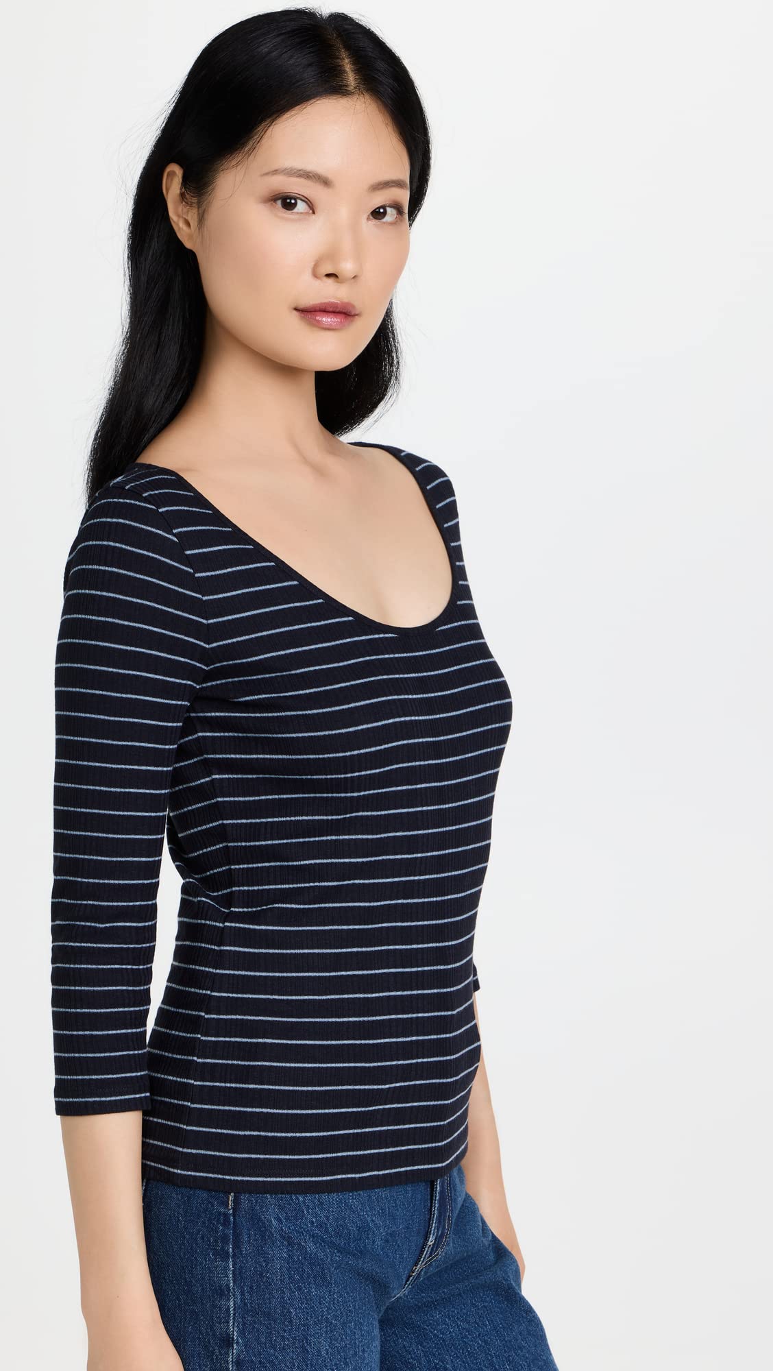Vince Women's Striped Rib Long Sleeve T-Shirt - Soft Cotton Casual Top for Everyday Wear, Office & Outings