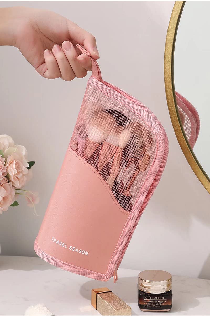 Large Makeup Brush Bag Organizer - Travel Cosmetic Pouch for Brushes & Toiletries, Beige, 24.5x13.5x13cm - Perfect for Travel & Home Storage