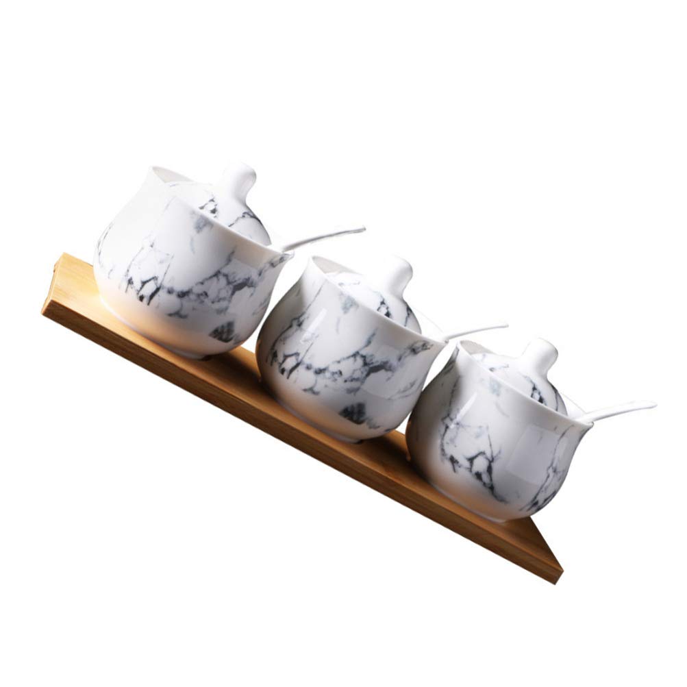 DOITOOL Glass & Ceramic Condiment Jar Set - Porcelain Marbling Spice Storage Containers with Serving Spoons & Tray - Kitchen Organizer for Sugar, Salt, Tea - Perfect for Home, Restaurant, and Gift Giving
