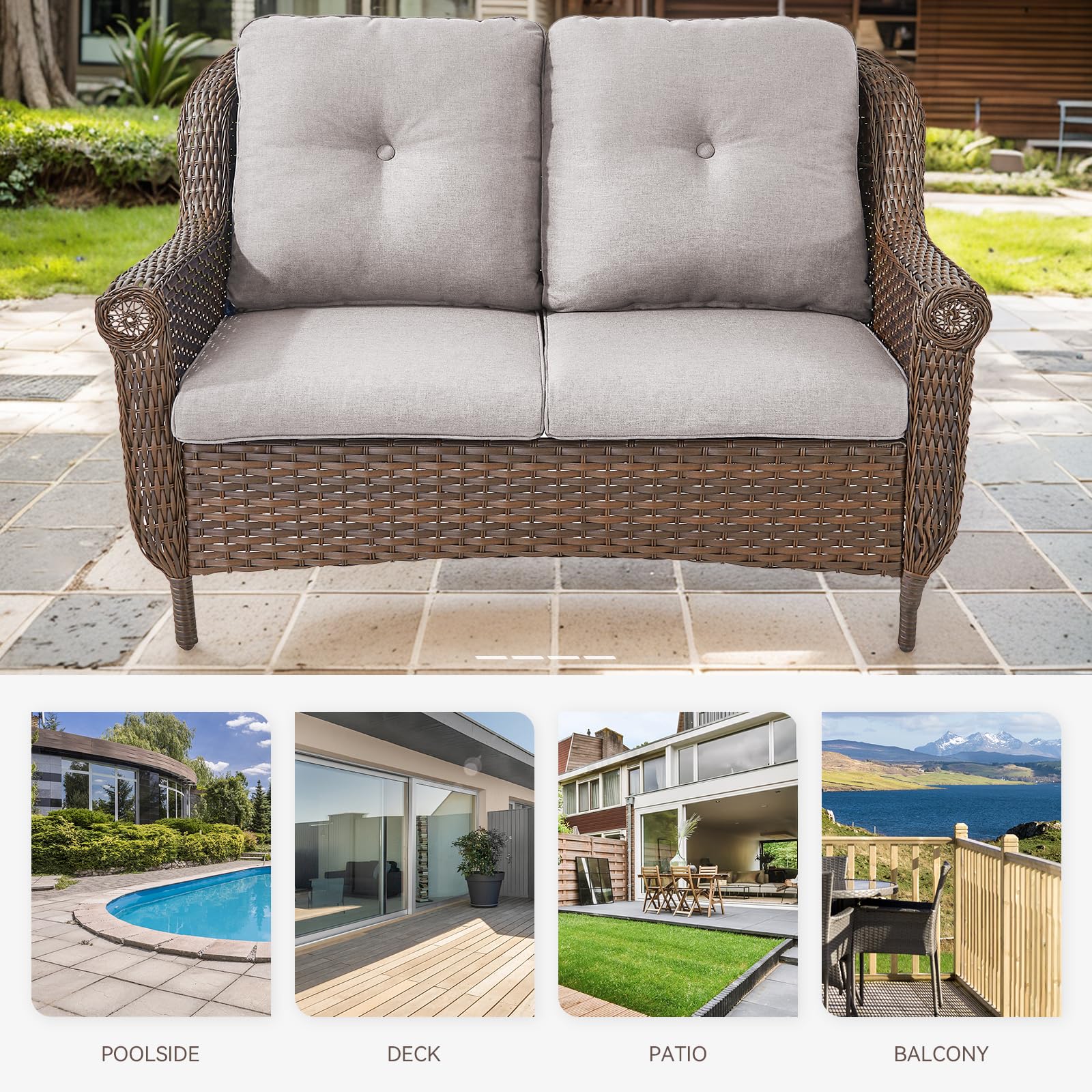 Brown Rattan Patio Loveseat with Water-Resistant Beige Cushions & Chrysanthemum Armrests - Outdoor Wicker Sofa for Garden, Balcony, Backyard & Poolside Relaxation (1PC) - Perfect for Lounging, Sunbathing & Entertaining Guests