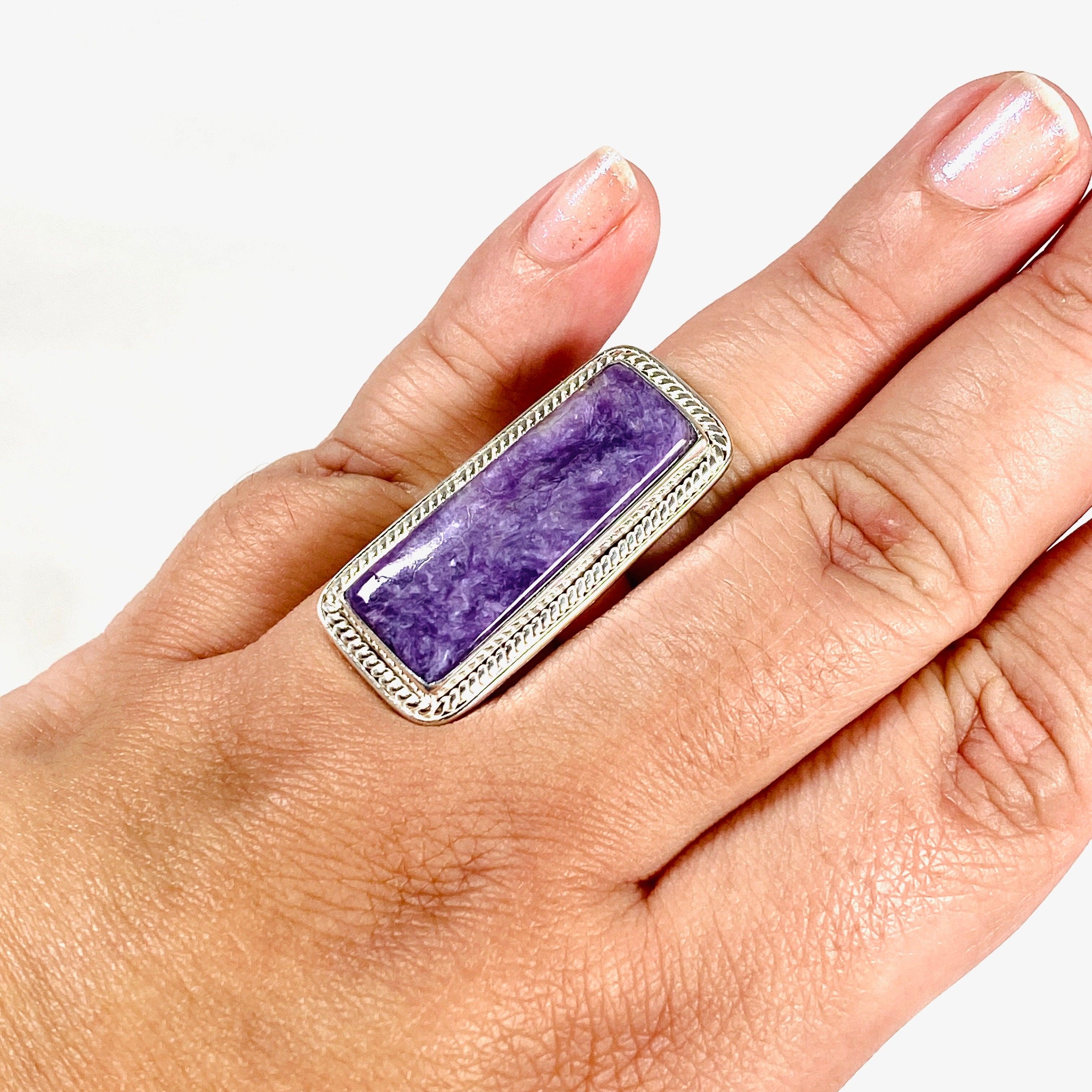 Charoite Rectangular Ring Size 11 KRGJ3048 - Elegant Purple Gemstone Jewelry for Women, Perfect for Weddings, Parties & Special Occasions