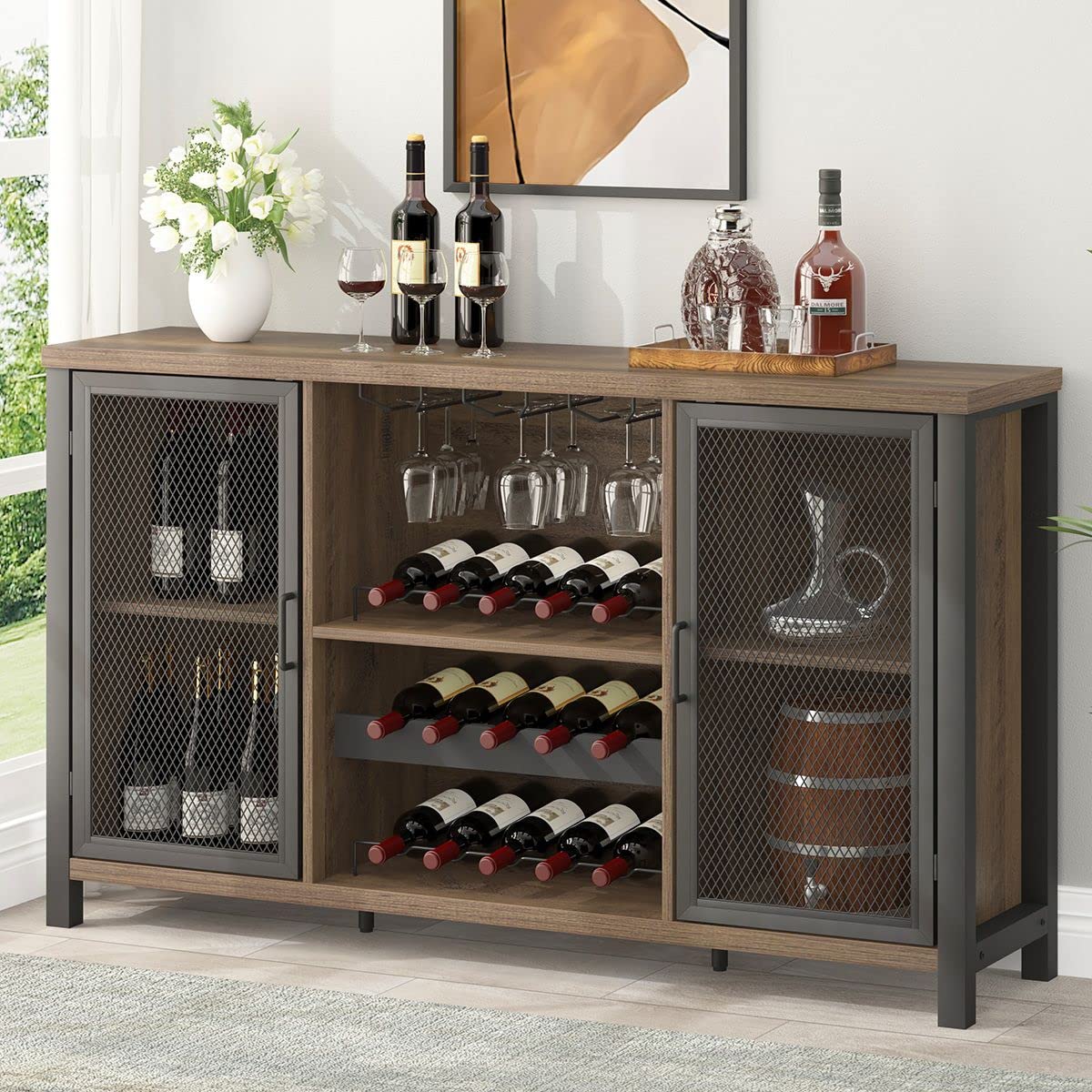 IBF Industrial Wine Bar Cabinet for Liquor & Glass Storage - Rustic Oak Farmhouse Coffee Liquor Cabinet with Storage Rack - 55 Inch Sideboard Buffet Cabinet for Home Kitchen, Dining & Living Room - Perfect for Entertaining Guests & Displaying Wine Collections