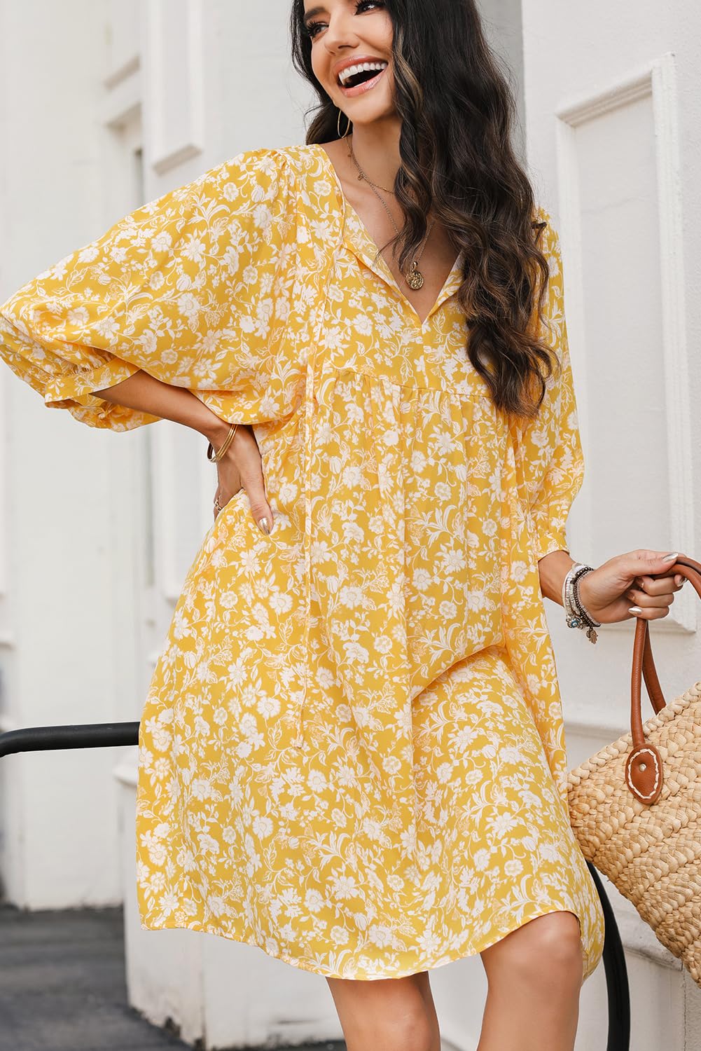 Dokotoo Women's Summer Dresses 2025 - Boho Floral Print Chiffon Mini Dress with V-Neck & Lantern Sleeves | Beach Vacation Sundress, Casual Outfit for Summer Parties & Tropical Getaways