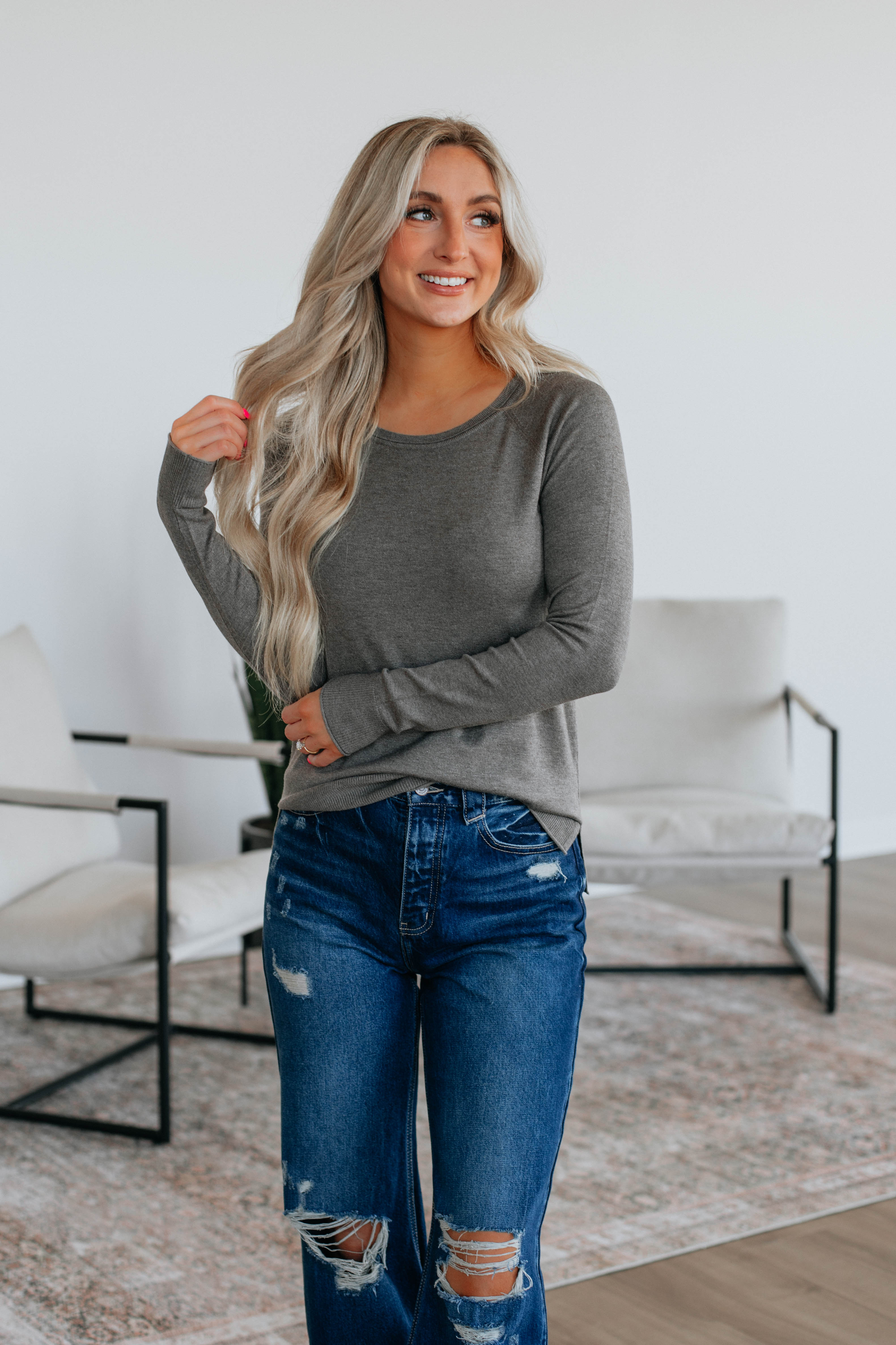Anneke Women's Long Sleeve T-Shirt - Soft Cotton Crewneck Casual Top in Smoke Gray | Perfect for Work, Travel & Everyday Wear