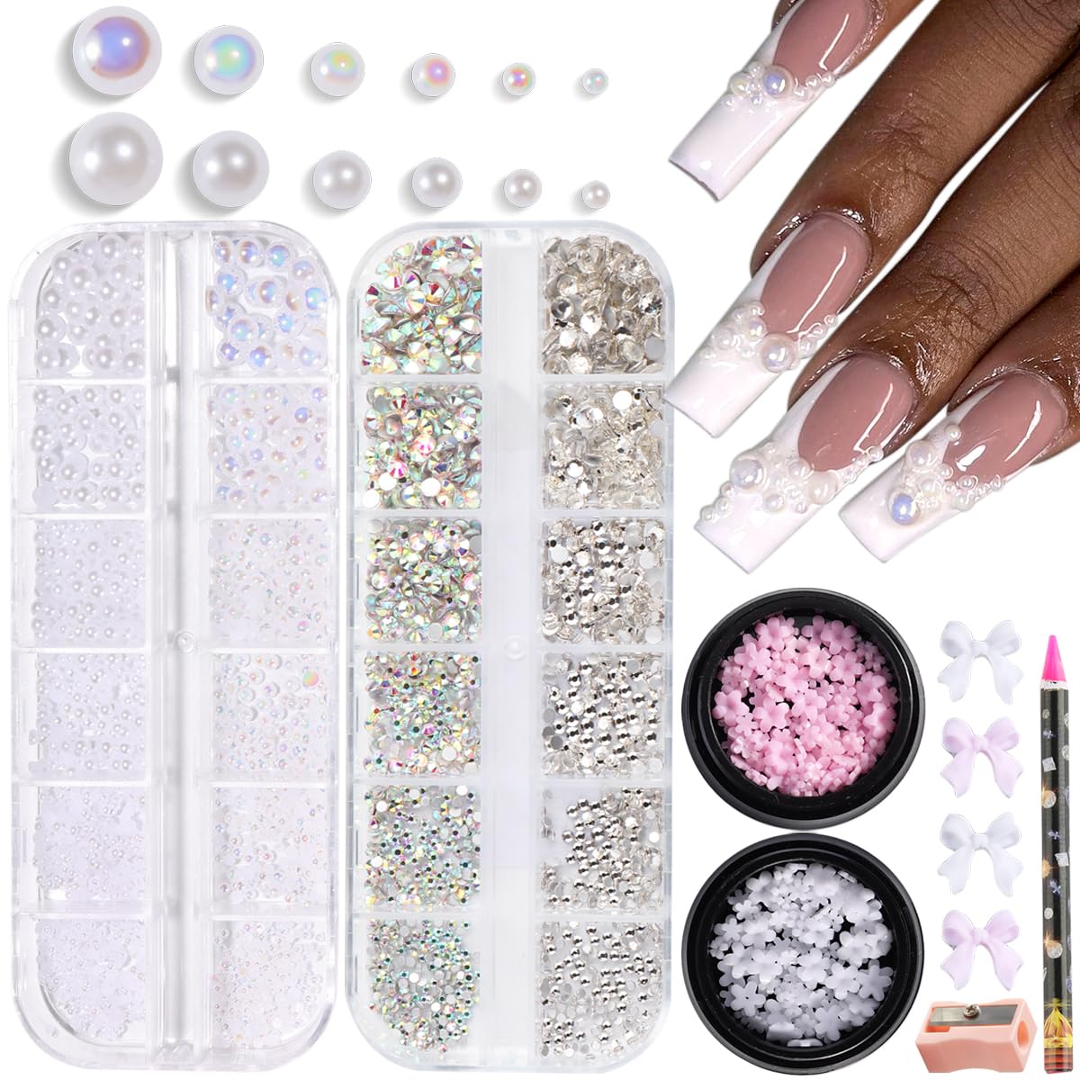 3D Nail Art Rhinestones Set - Half Round Pearl Beads, Flatback White Crystals & Flower Charms with Bow Decorations | Professional Nail Gems Kit with Picker Pencil | Perfect for DIY Manicures, Salon Nail Designs & Special Occasion Nail Art