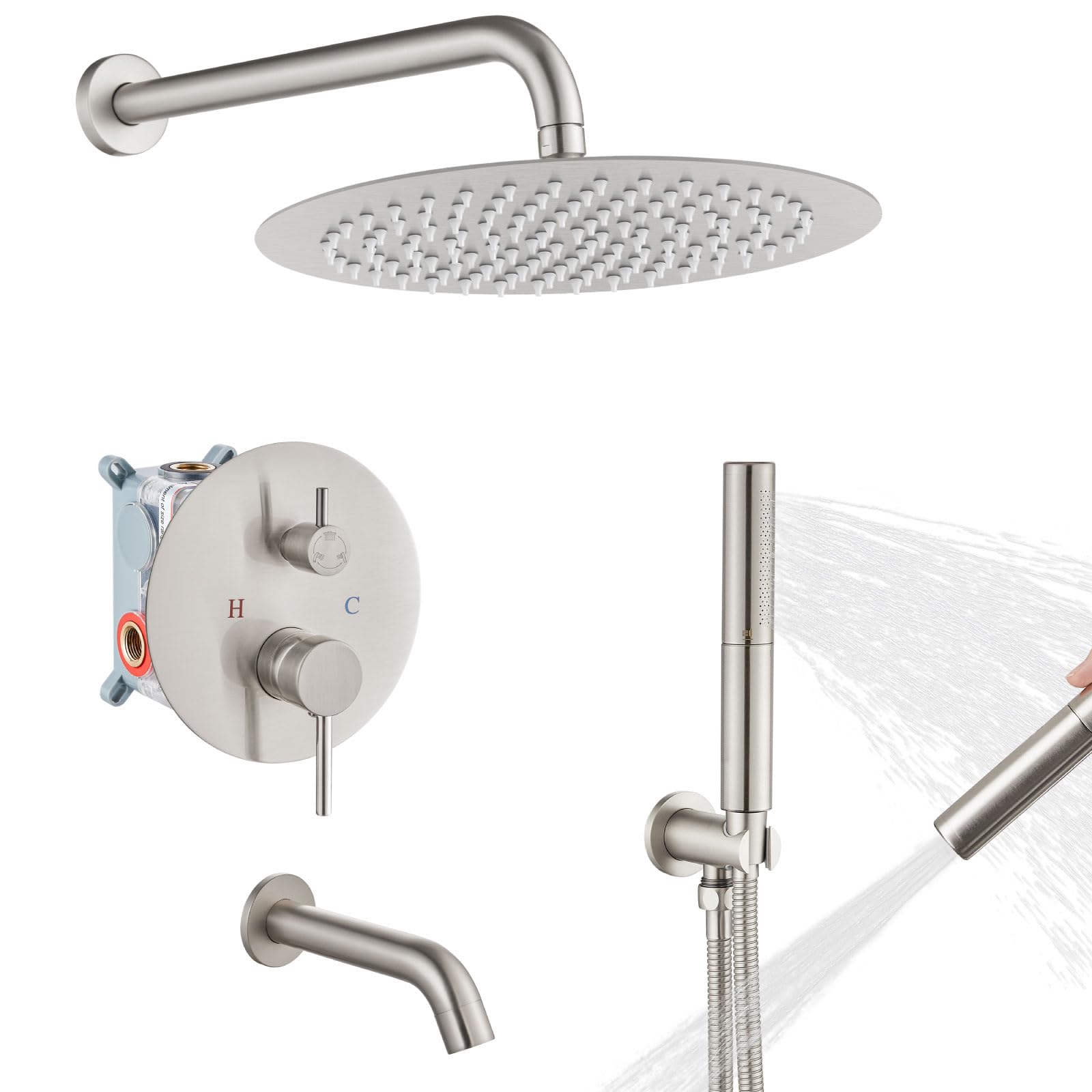 Airuida 12-Inch Round Shower System Set - Brushed Nickel Wall Mount 3-Function Rain Shower Faucet with Tub Spout & 2-Function Handheld Shower - Perfect for Bathroom Renovation and Modern Home Spa Experience