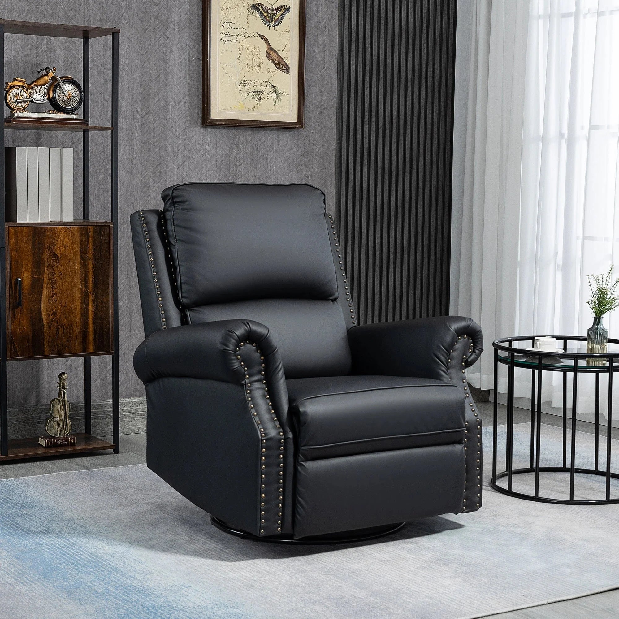Faux Leather Swivel Rocker Recliner Chair with Nailhead Trim - Traditional Style Living Room Furniture for Relaxation & Comfort