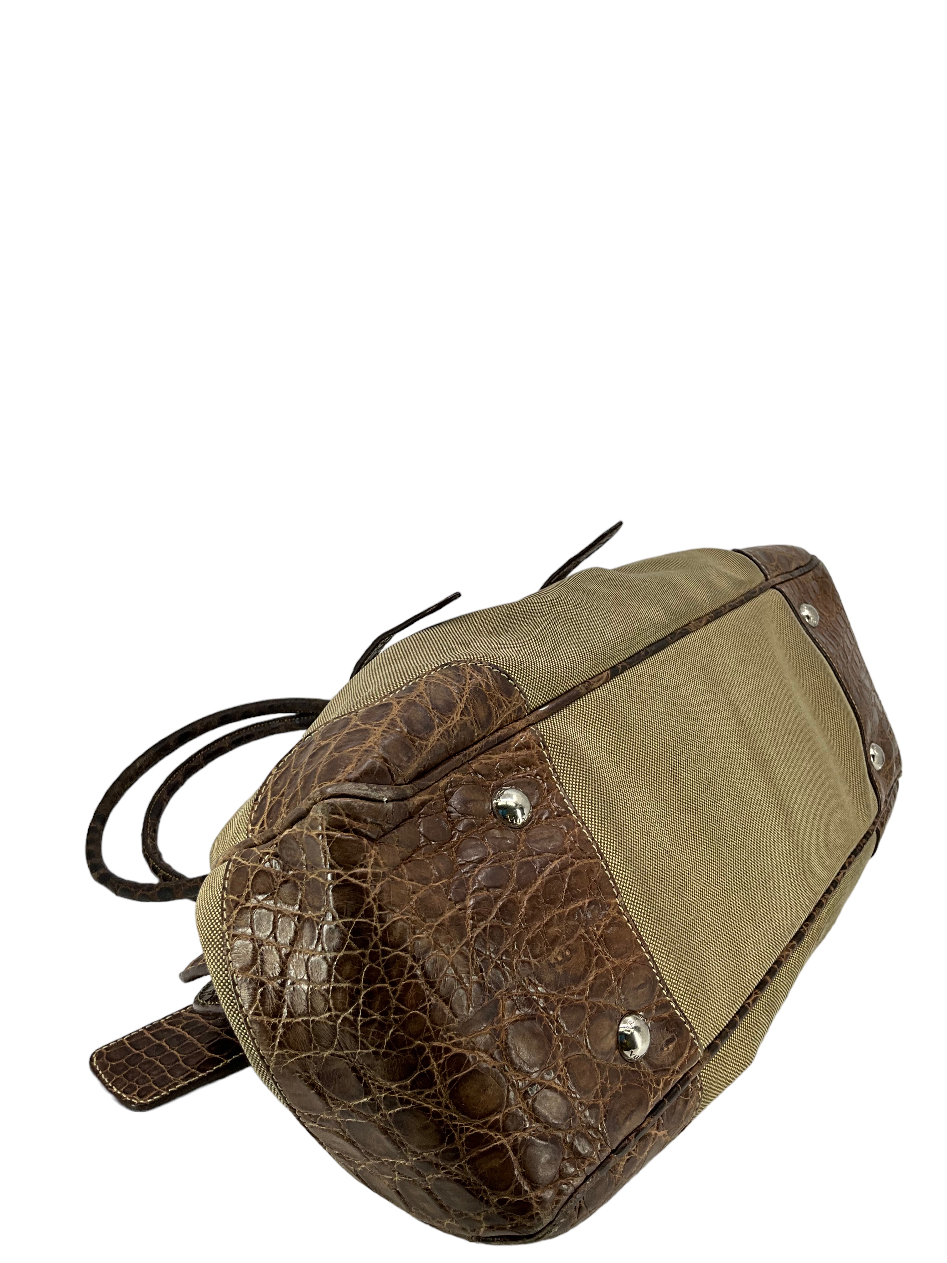 Prada Handbag for Women - Brown Crocodile Leather & Canvas Designer Shoulder Bag | Luxury Fashion Accessory for Work, Party & Everyday Use