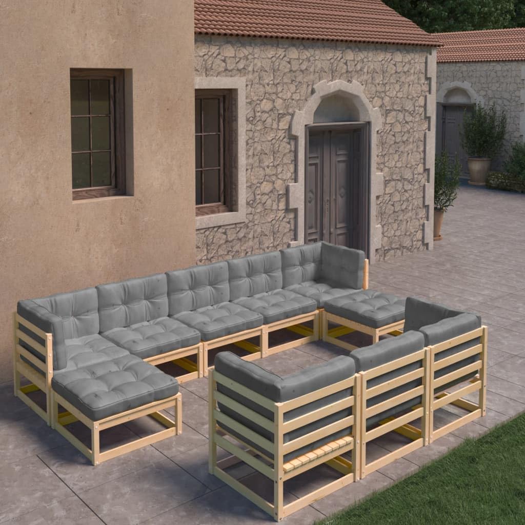 vidaXL Solid Pine Wood Patio Lounge Set with Gray Cushions - 4 Corner Sofas, 4 Middle Sofas & 2 Footstools - Sturdy Durable Outdoor Furniture for Garden, Backyard, Poolside Relaxation