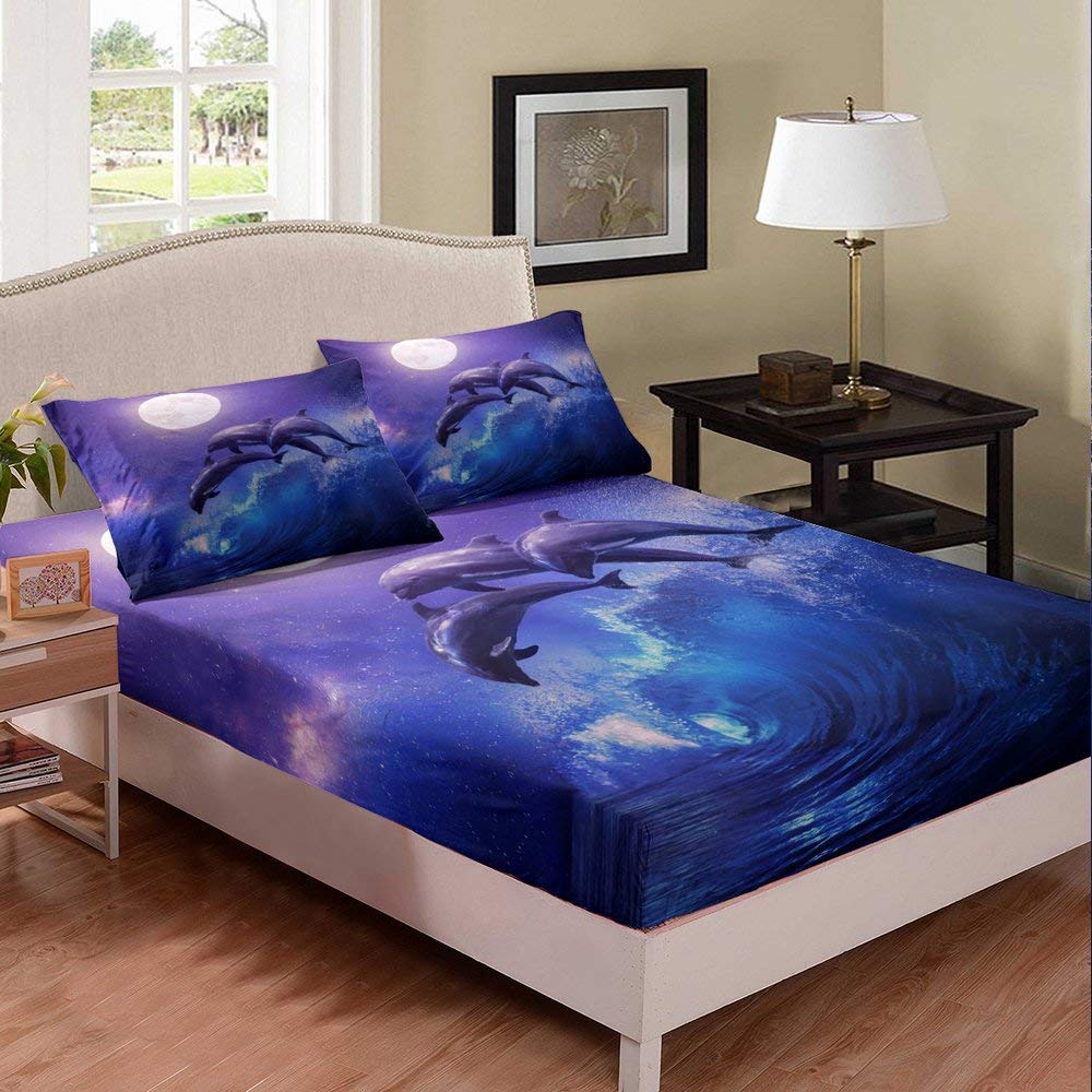 Night Dolphin Dancing with Waves Deep Pocket Twin XL Bed Sheet Set - 3D Ocean Dolphin Print Duvet Cover with Sea Moon Design (1 Fitted Sheet + 1 Pillowcase) | Perfect for Kids' Rooms, Beach Themed Decor & Marine Life Enthusiasts