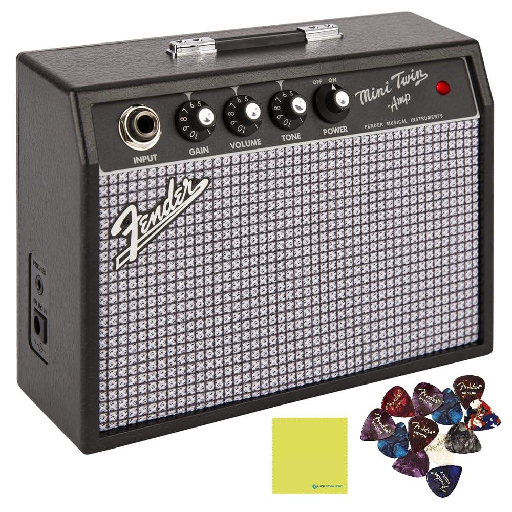 Fender Mini '65 Twin Amp Guitar Amplifier (Black) with 12 Guitar Picks & Polishing Cloth - Compact Electric Guitar Amp for Practice, Travel & Home Studio Use