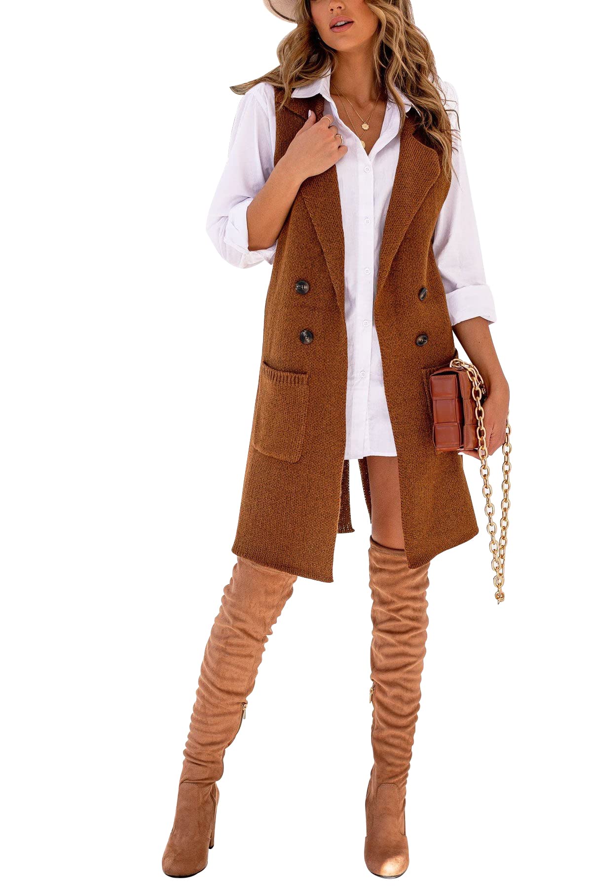 Danedvi Women's Open Front Long Cardigan Vest with Lapel Collar & Button Down - Solid Color Lightweight Sweater for Office, Casual & Layering Outfits