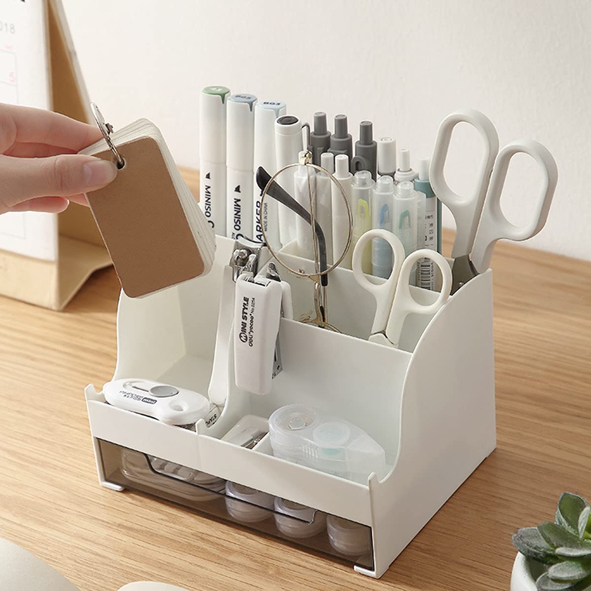 Saikvi All-in-One Desktop Organizer with Drawer - Pen Holder, Pencil Cup & Office Supplies Organizer for Desk, School & Home (White) - Perfect for Office, Study & Workspace Organization