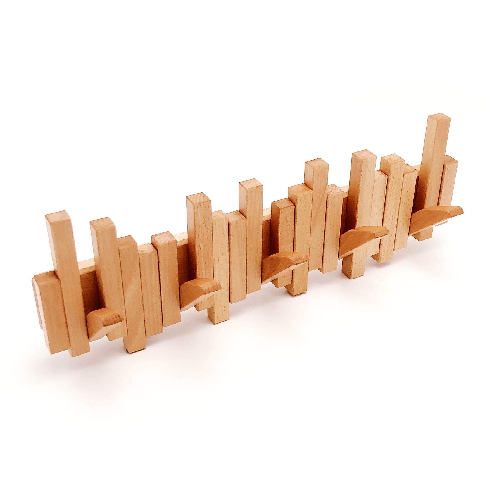 Handmade Solid Wood Wall Mounted Coat Rack with 5 Flip-Down Hooks - Natural Wooden Artwork for Coats, Bags, Hats & Umbrellas | Perfect for Entryway, Bedroom & Mudroom Organization