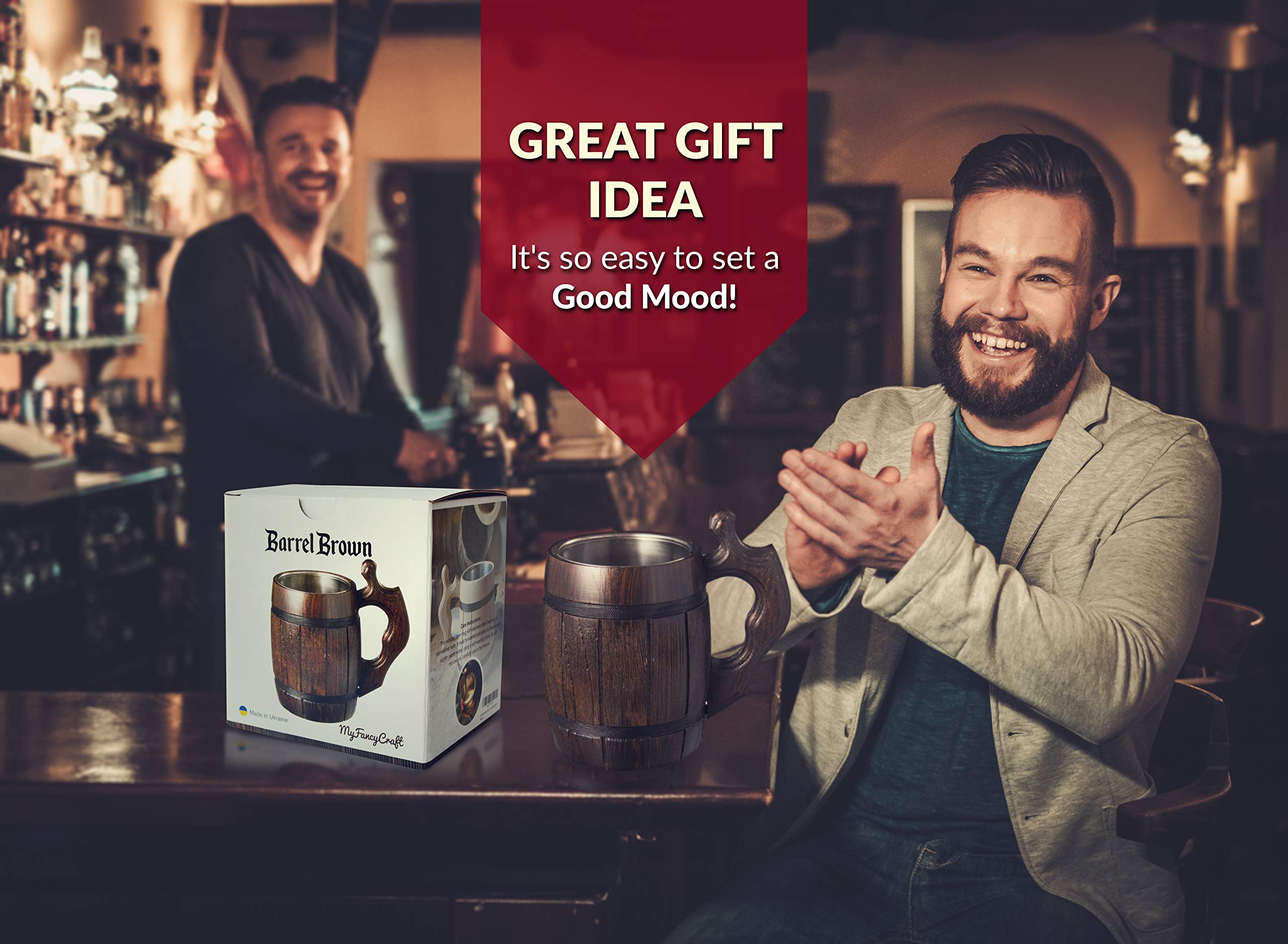 6-Pack 20oz Beer Mugs Set - Stainless Steel Tankard & Wooden Stein - Handmade Gifts for Men (Father's Day, Christmas, Birthday) - Perfect for Home Bars, Parties & Beer Tasting Events - Barrel Brown Design