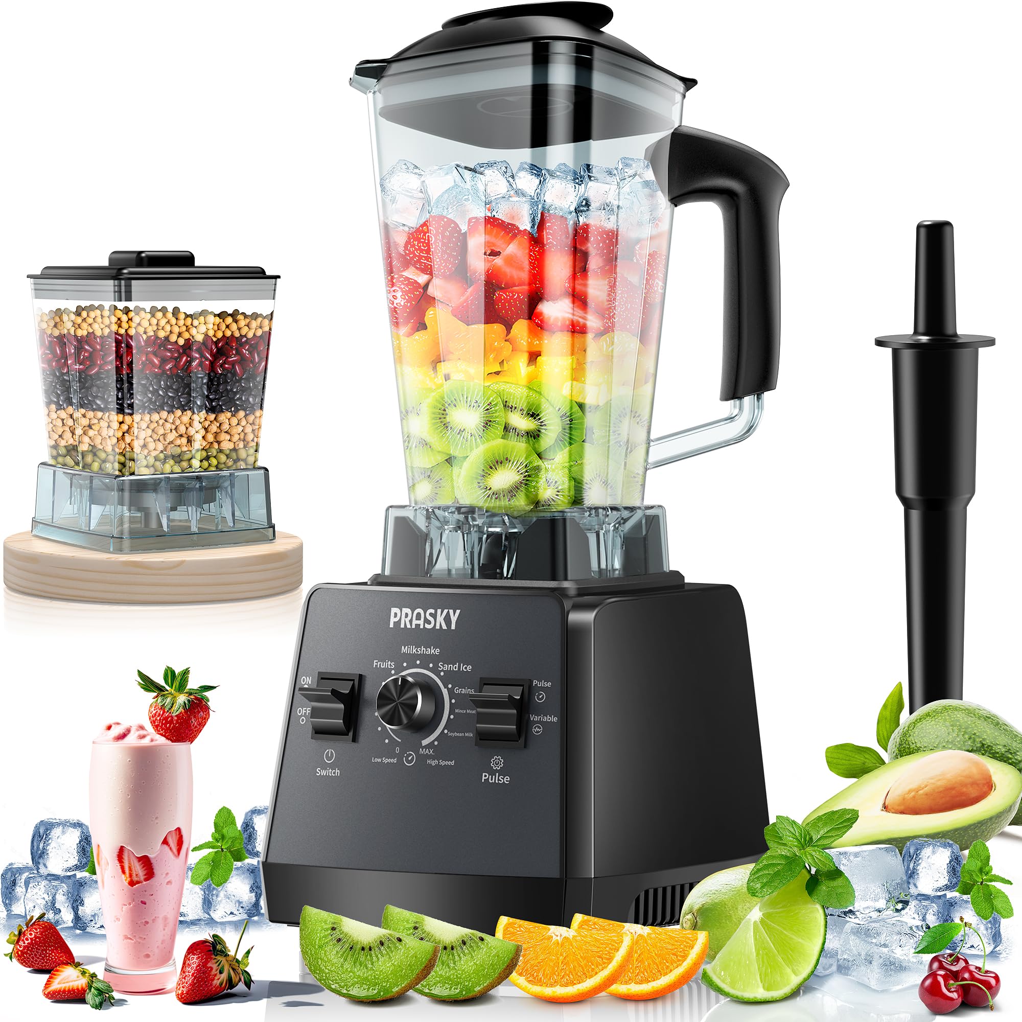 PRASKY 2400W High-Speed Professional Blender for Smoothies, Juices & Ice Crushing - 68oz BPA-Free Container with Grinder Attachment - Powerful Kitchen Blender for Shakes, Frozen Drinks & Food Prep (2 Containers Included) - Perfect for Home Bars, Healthy Smoothies & Meal Preparation