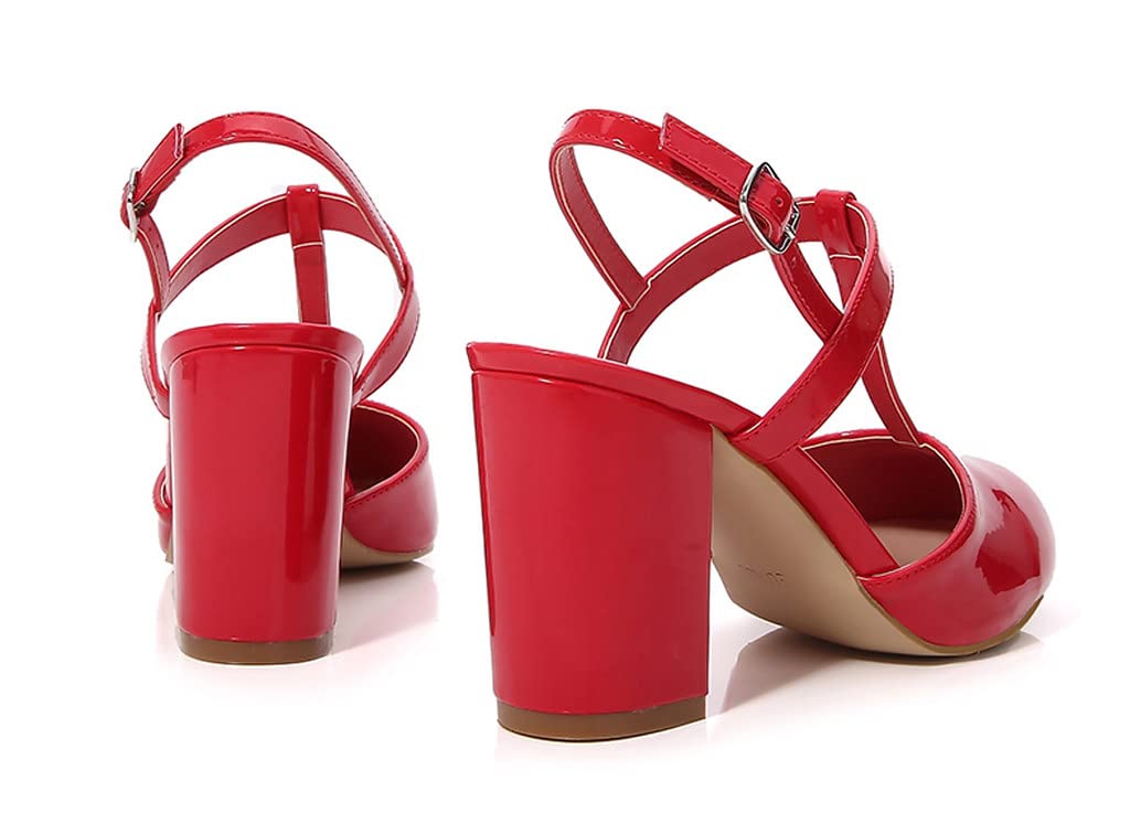 LizFoYa Women's Retro Patent Leather Chunky Heel Mary Jane Pumps - Comfortable T-Strap Block Heels with Almond Toe for Office, Party & Wedding (Slingback Design)