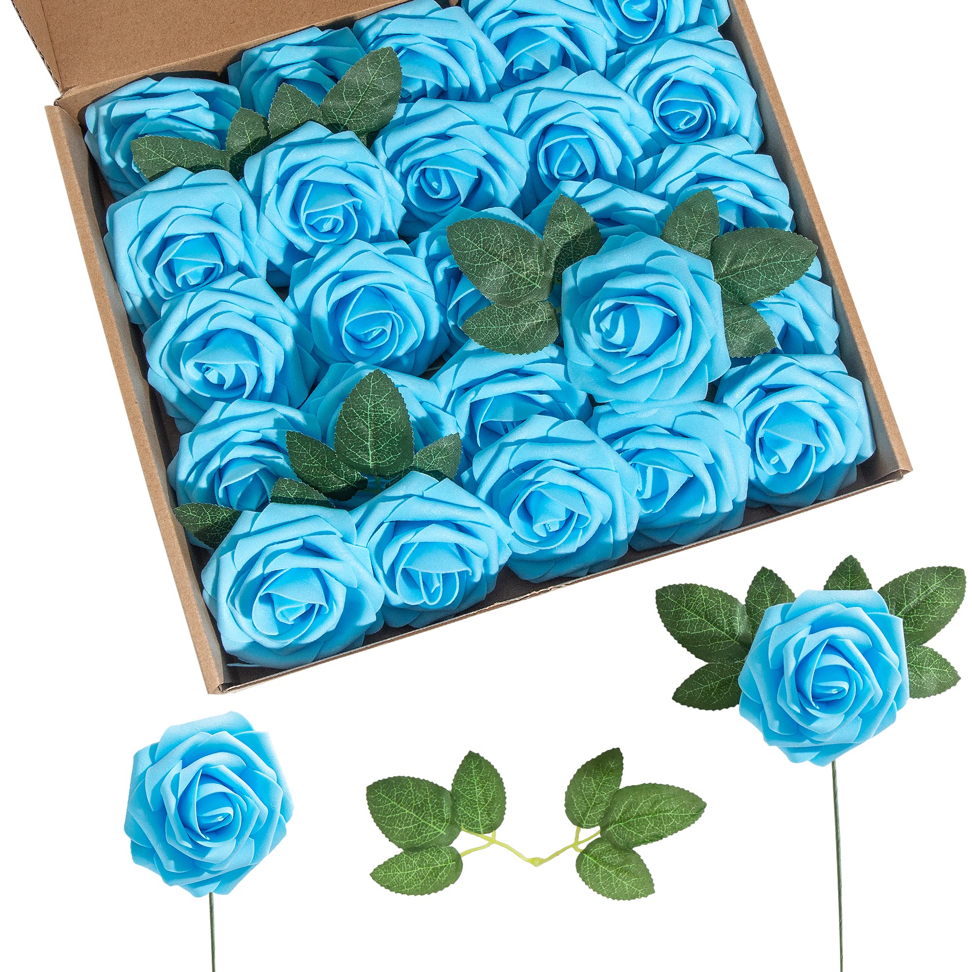 25pcs Lansdowns Artificial Foam Roses - Realistic Fake Flowers with Stems & Leaves for Home Decor, Wedding Bouquets, Party Centerpieces, DIY Crafts - Perfect for Table Decorations, Garden Arrangements & Gift Giving (Blue)