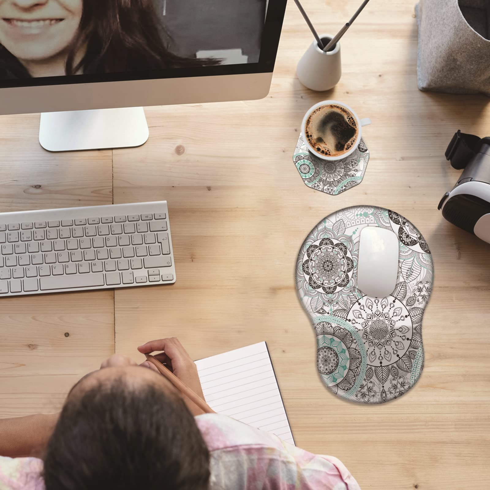 Ergonomic Mouse Pad with Wrist Rest - Thick Non-Slip PU Base for Pain Relief & Carpal Tunnel Support | Includes Cup Coasters | Perfect for Office, Gaming & Home Computer Use | Cyan Mandala Design