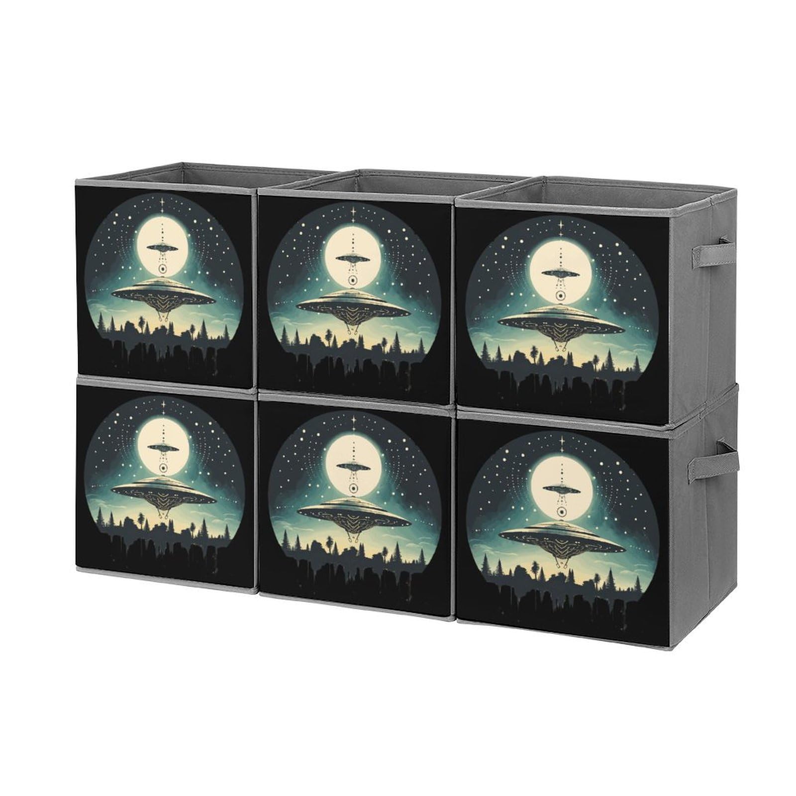 Alien Print Foldable Storage Cubes - 6 Pack Collapsible Fabric Bins with Handles for Closet, Nursery, Office & Home Organization | Space Saving Storage Baskets