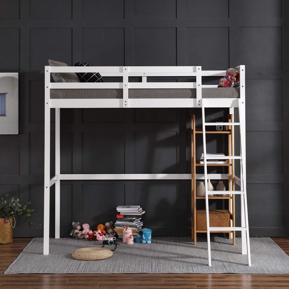 JOYMOR High Loft Twin Wooden Bed Frame for Kids, Teens & Adults - Sturdy Single Loft Bed No Box Spring Needed (White) - Perfect for Small Bedrooms, Dorms & Space-Saving Kids' Rooms