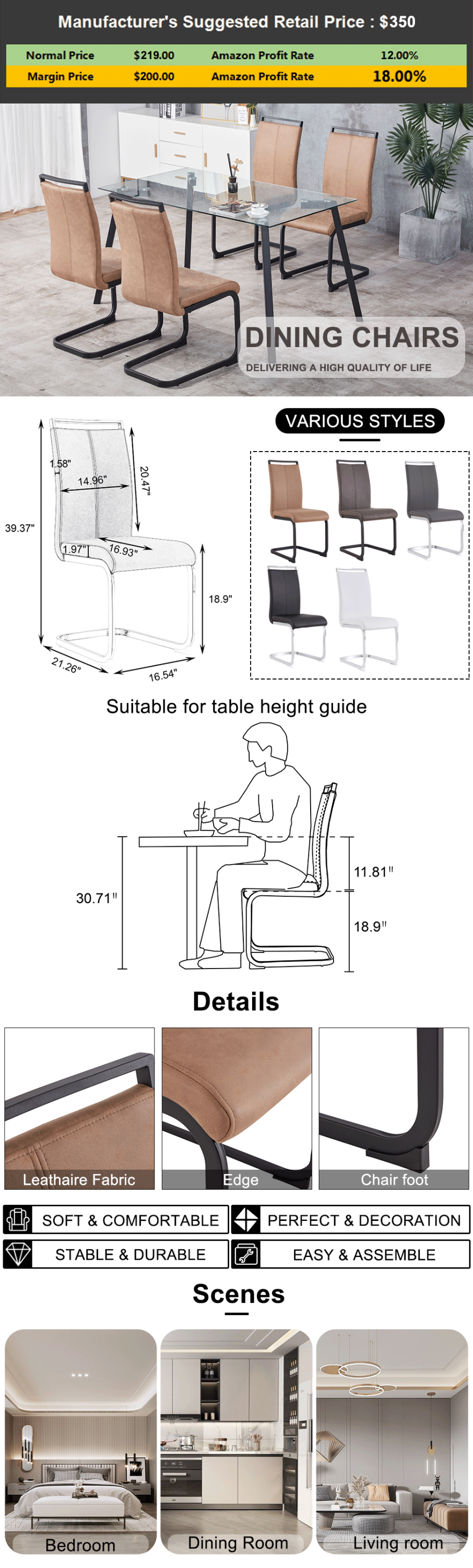 High Back Upholstered Dining Chairs Set of 2 - Modern Tech Fabric C-Shaped Tube Design with Black Metal Legs for Kitchen, Dining Room, Office, Patio & Guest Seating | Comfortable & Stylish Brown Chairs for Home Decor
