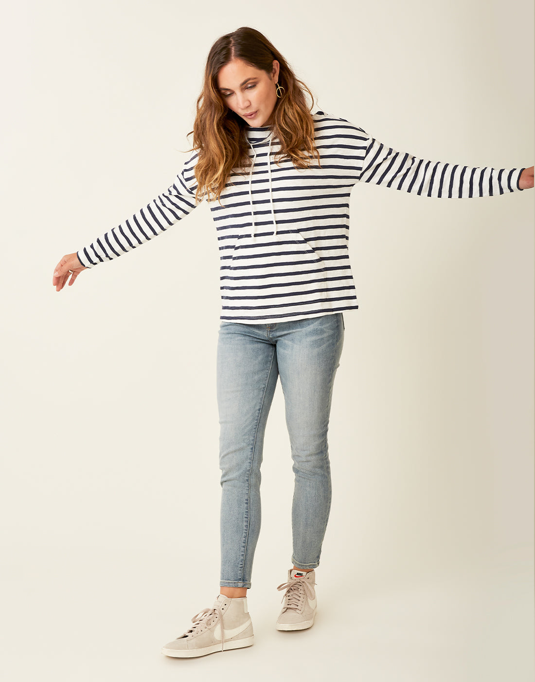 Bodie Funnel Neck Sweater - Cloud Navy & Mali Stripe | Cozy Knit Pullover for Women | Perfect for Fall & Winter Layering, Office Wear & Casual Outfits